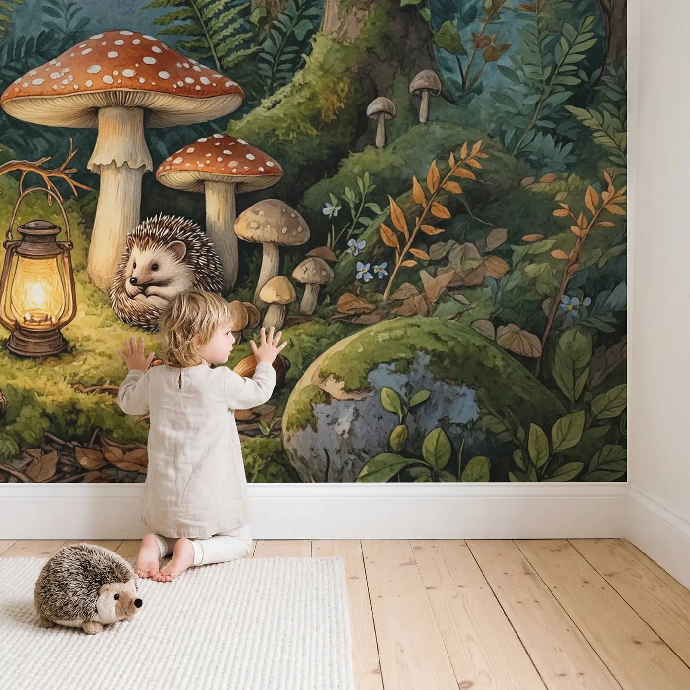 Child in nursery with Hedgehog Mushroom Nook Wallpaper Mural by Whimsy Tots