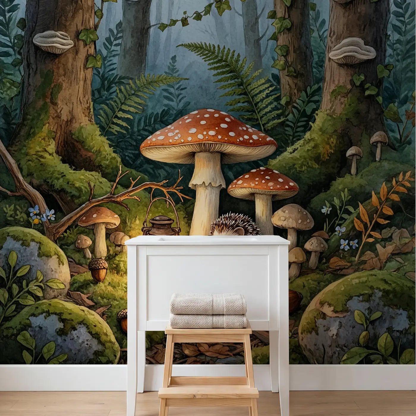 Hedgehog Mushroom Nook Wallpaper Mural in playroom setting by Whimsy Tots
