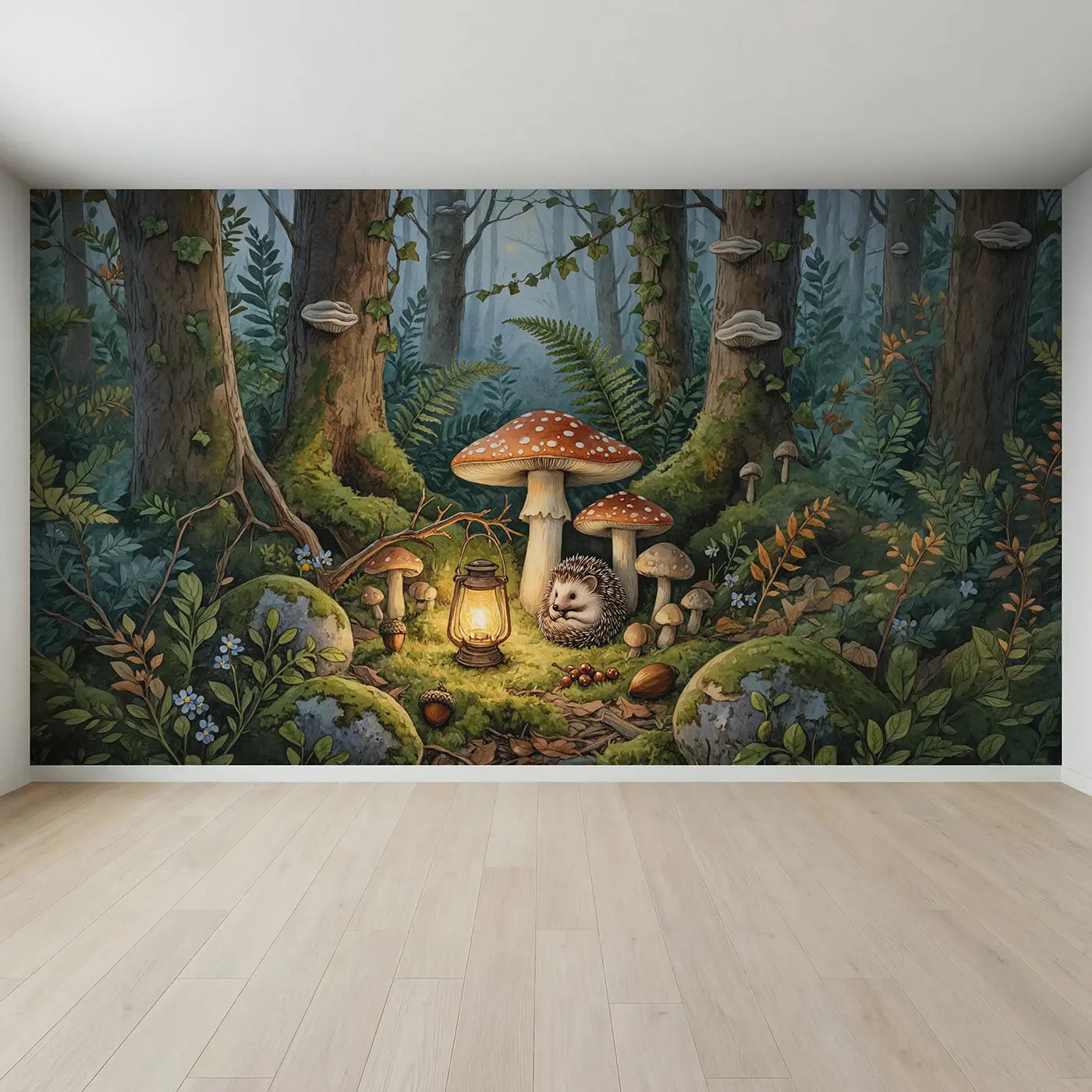 Full view of Hedgehog Mushroom Nook Wallpaper Mural by Whimsy Tots