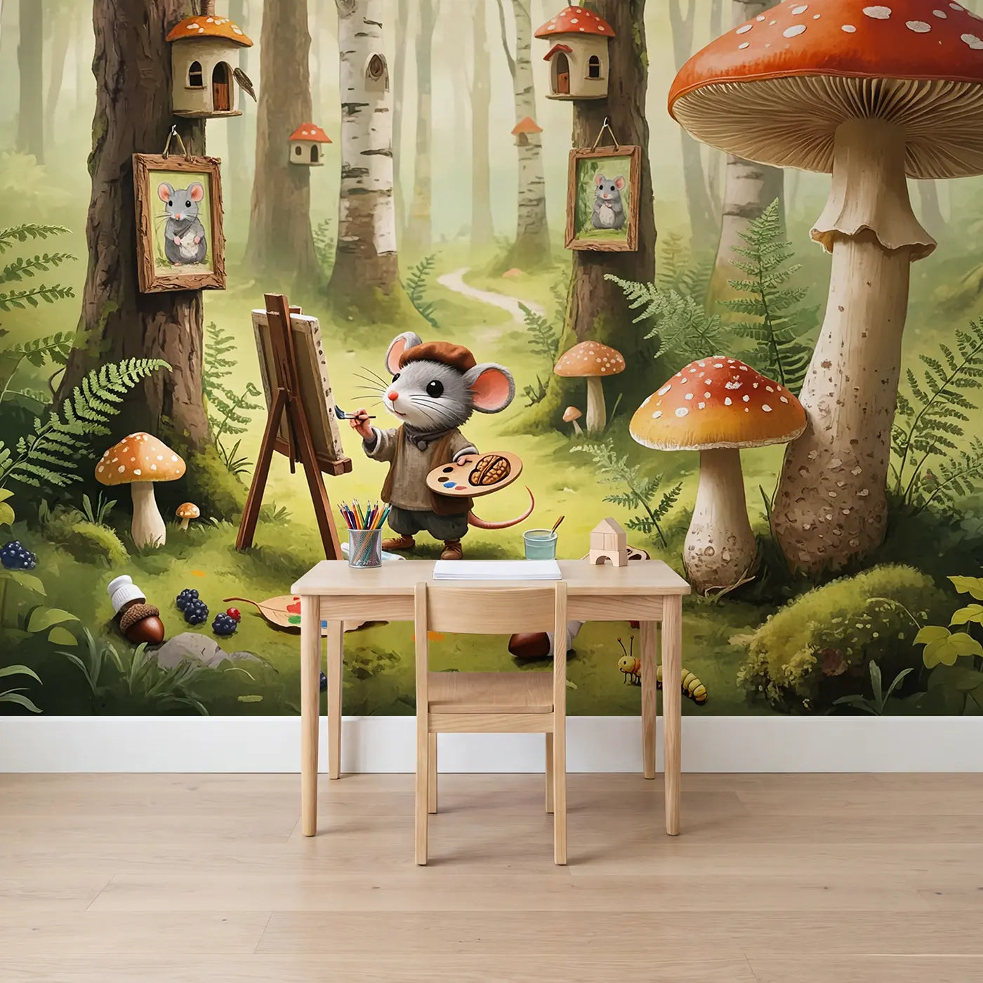 Soft pastel mouse artist in toadstool studio wallpaper mural for kids room by Whimsy Tots