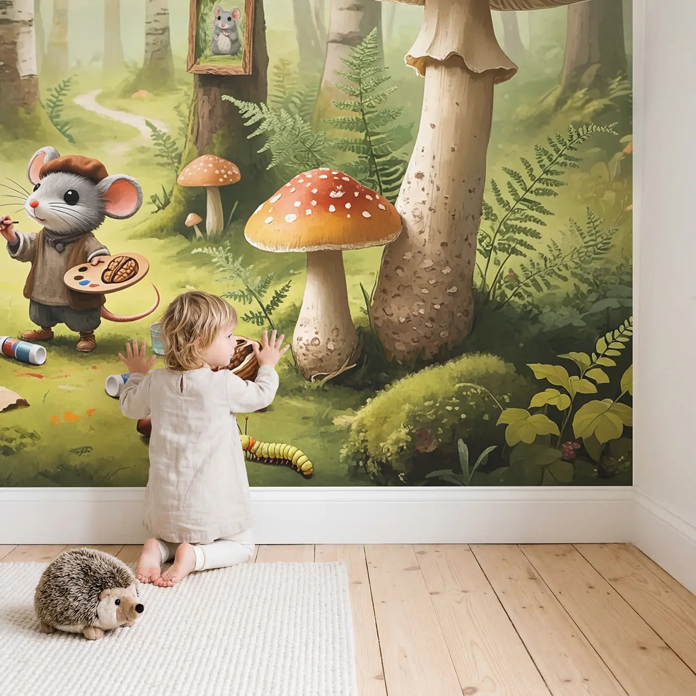 Child in nursery with Mouse Artist Toadstool Studio Wallpaper Mural by Whimsy Tots