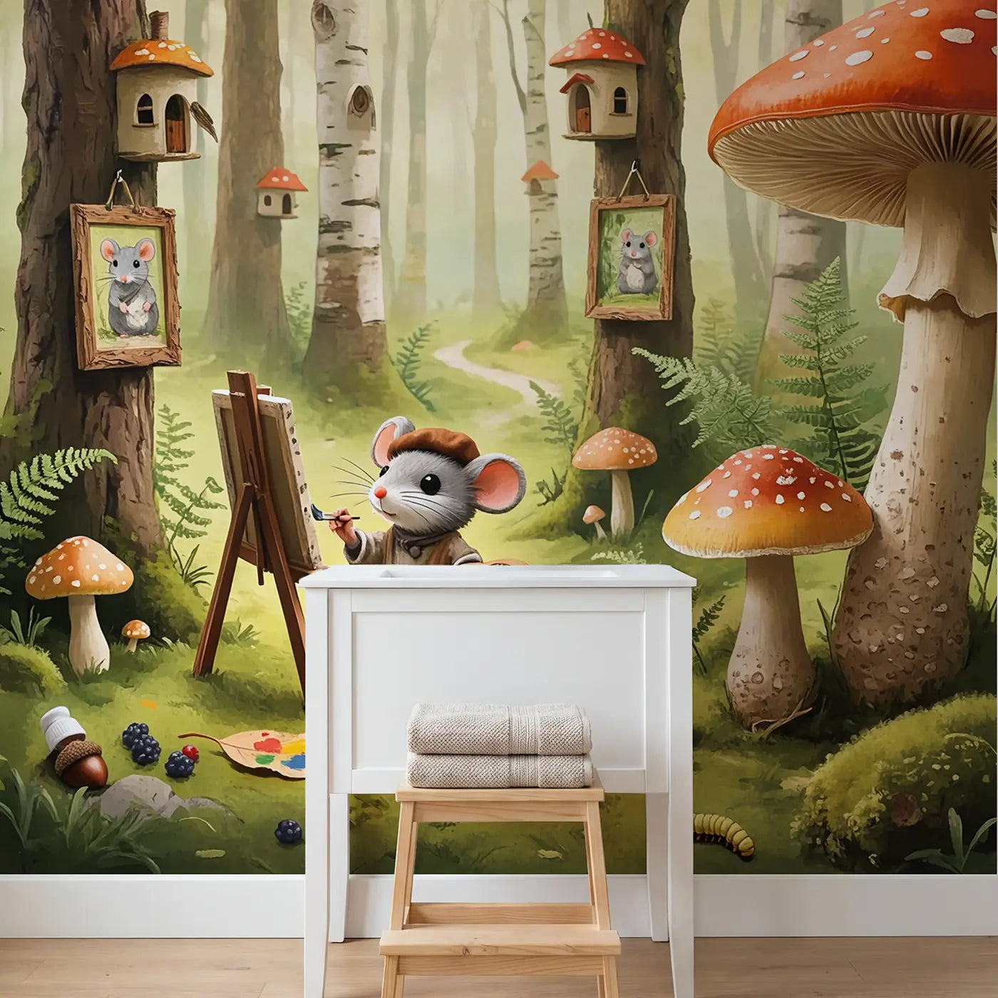 Mouse Artist Toadstool Studio Wallpaper Mural in playroom setting by Whimsy Tots