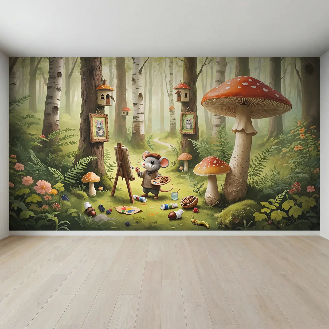 Full view of Mouse Artist Toadstool Studio Wallpaper Mural by Whimsy Tots