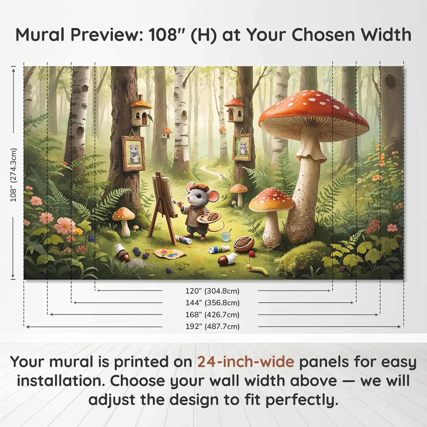 Panel layout and dimensions for Mouse Artist Toadstool Studio Wallpaper Mural by Whimsy Tots