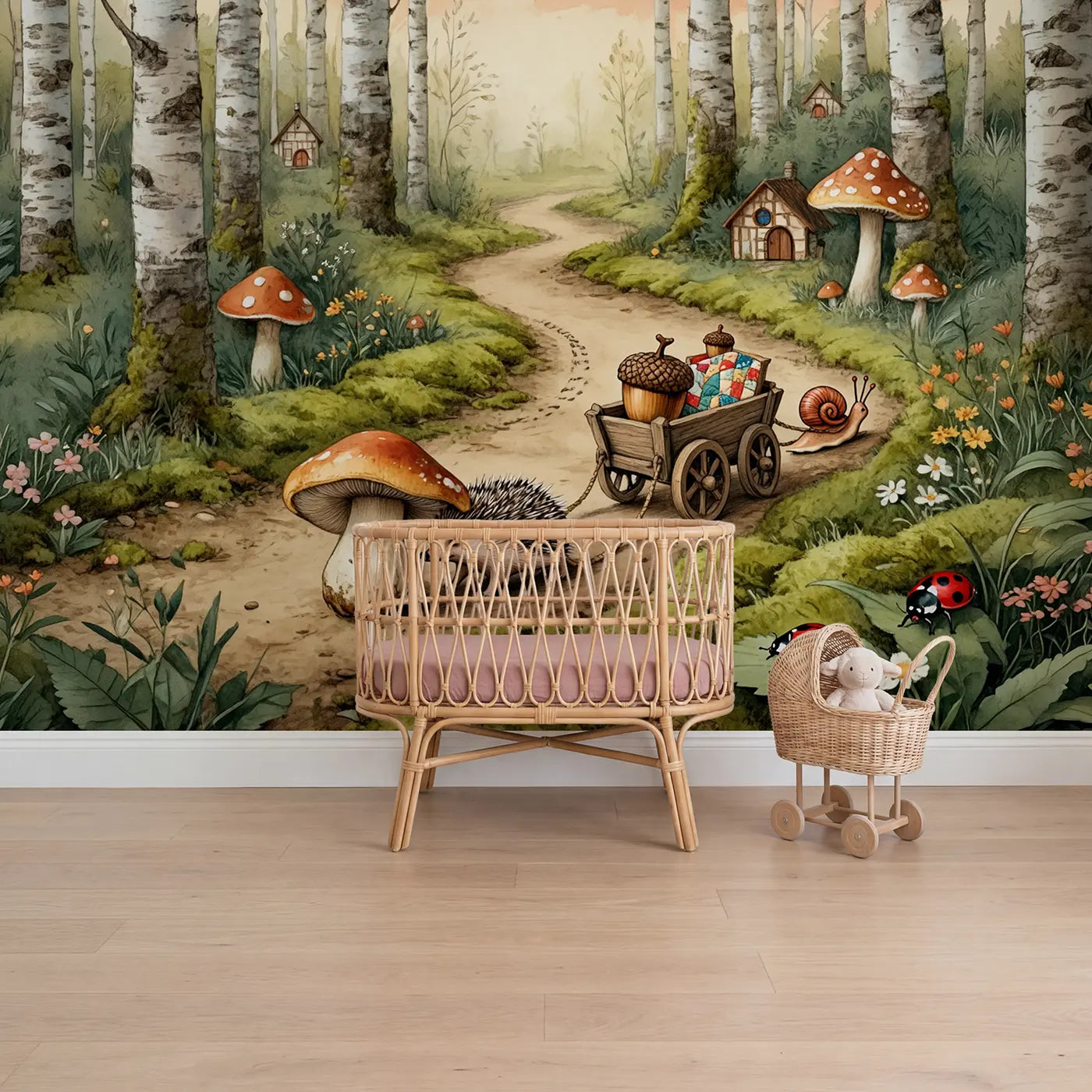 Storybook hedgehog mushroom cottage wallpaper mural for girls nursery by Whimsy Tots