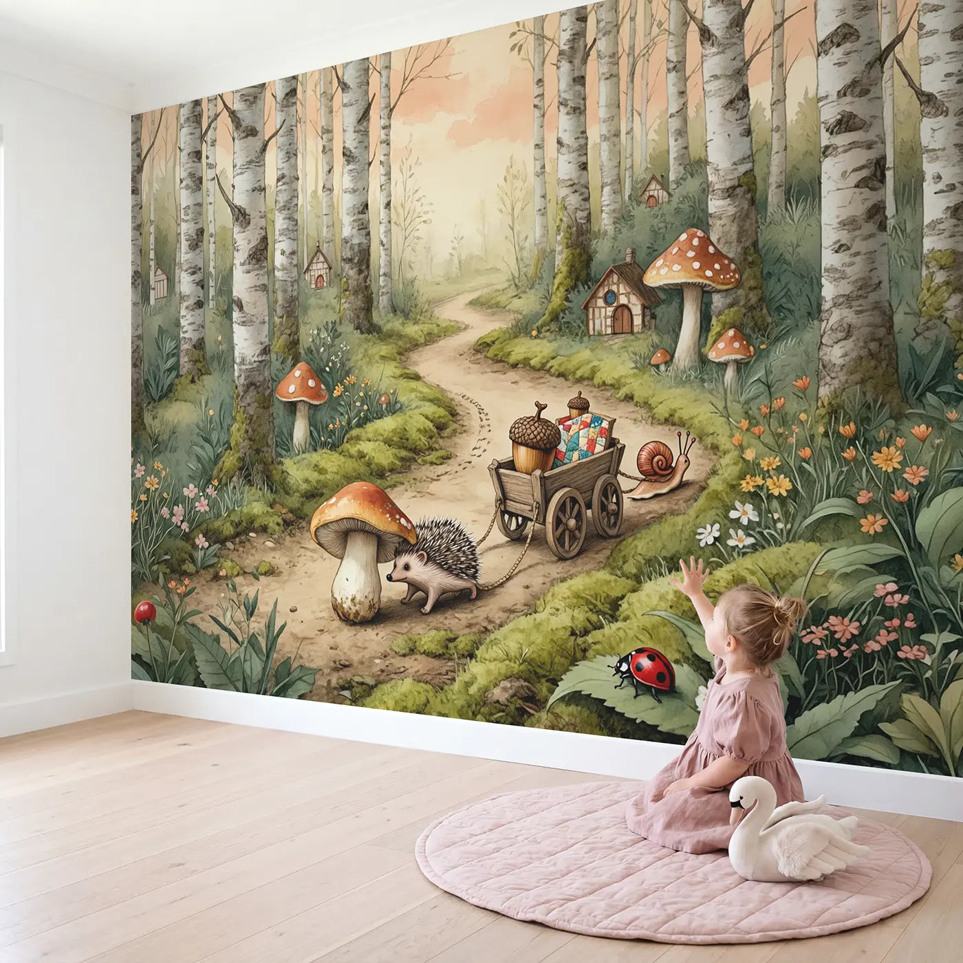 Child in nursery with Hedgehog Moving Day Wallpaper Mural by Whimsy Tots