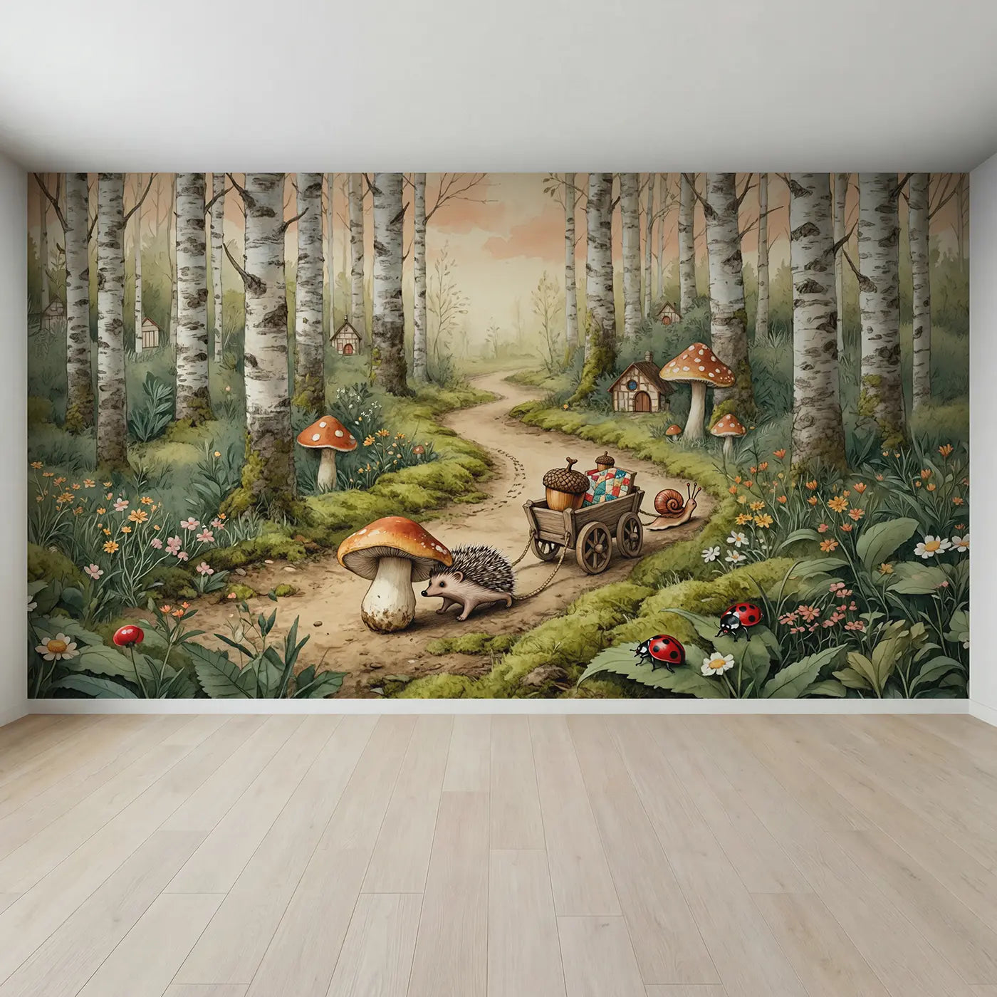 Full view of Hedgehog Moving Day Wallpaper Mural by Whimsy Tots