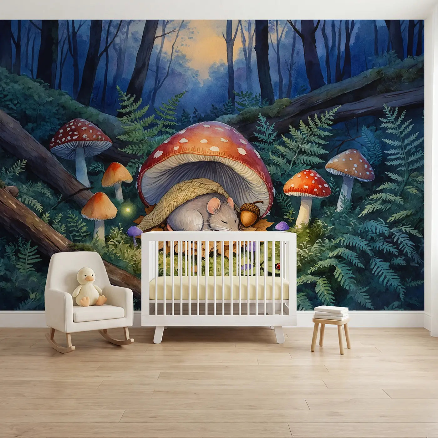 watercolor sleeping mouse mushroom cap mural for nursery by Whimsy Tots