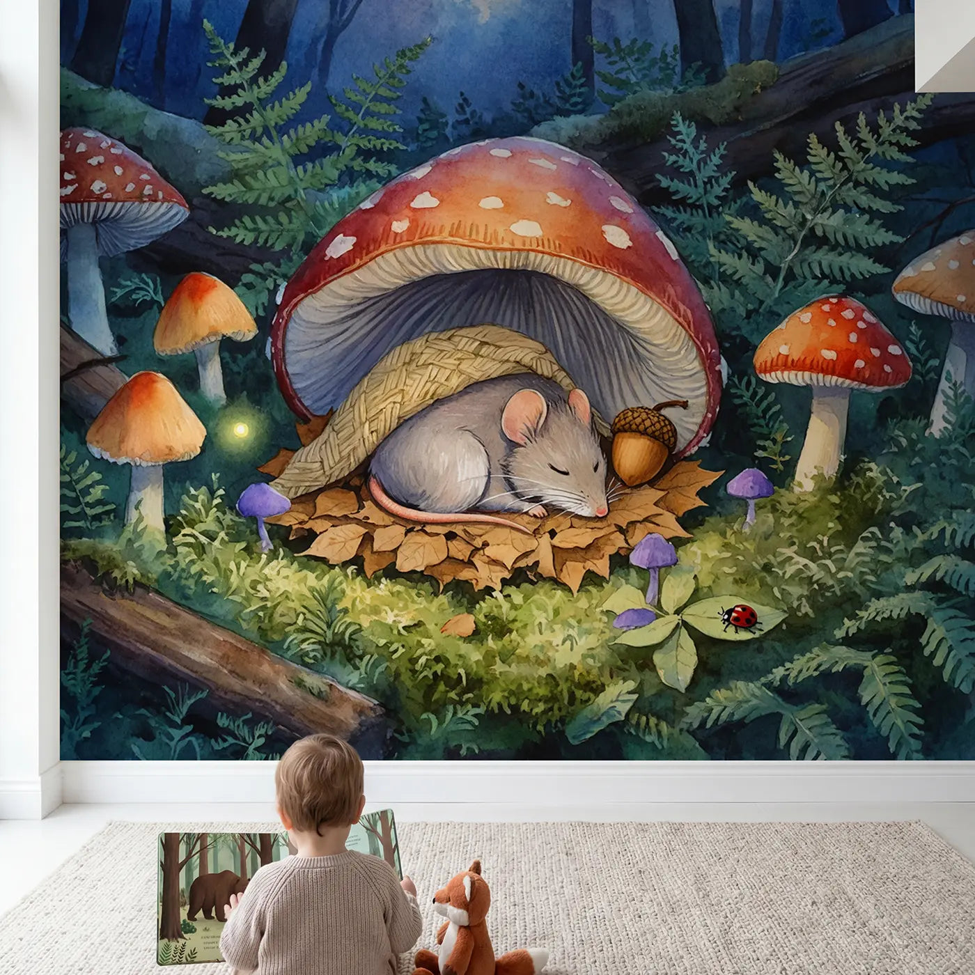 Child in nursery with Sleeping Mouse Mushroom Cap Bed Wallpaper Mural by Whimsy Tots