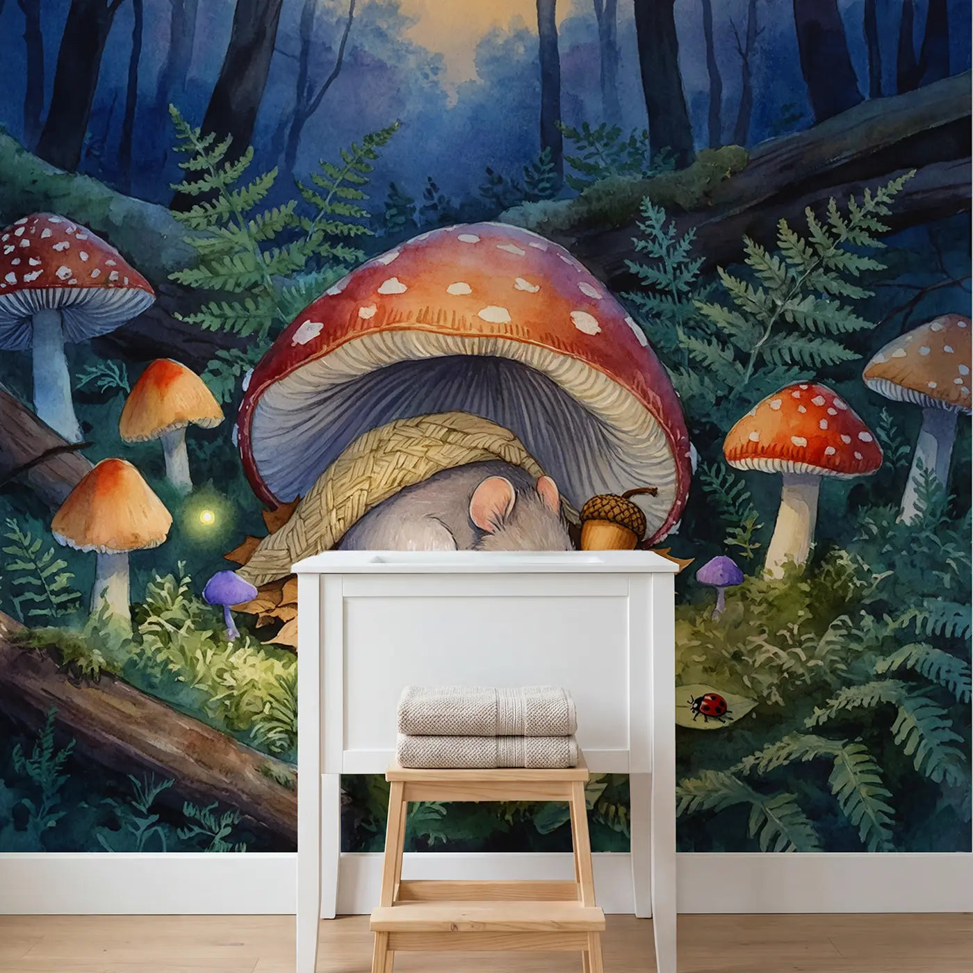 Sleeping Mouse Mushroom Cap Bed Wallpaper Mural in playroom setting by Whimsy Tots