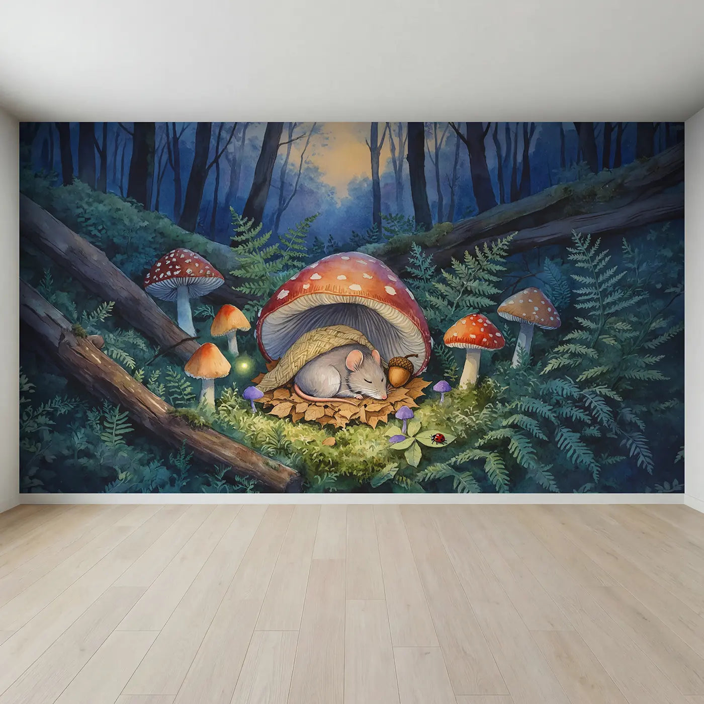 Full view of Sleeping Mouse Mushroom Cap Bed Wallpaper Mural by Whimsy Tots