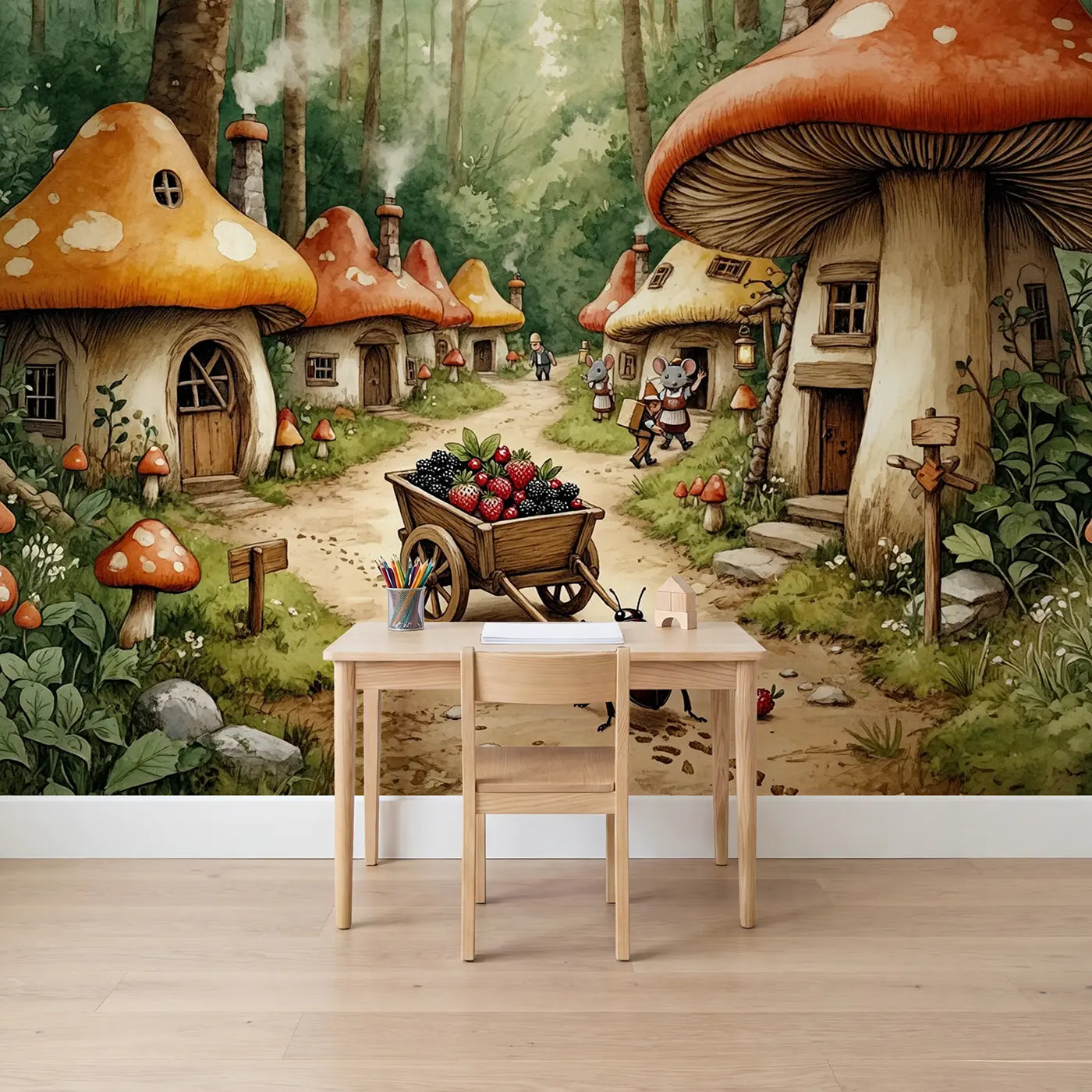 storybook illustration beetle berry cart mushroom village mural for kids room by Whimsy Tots