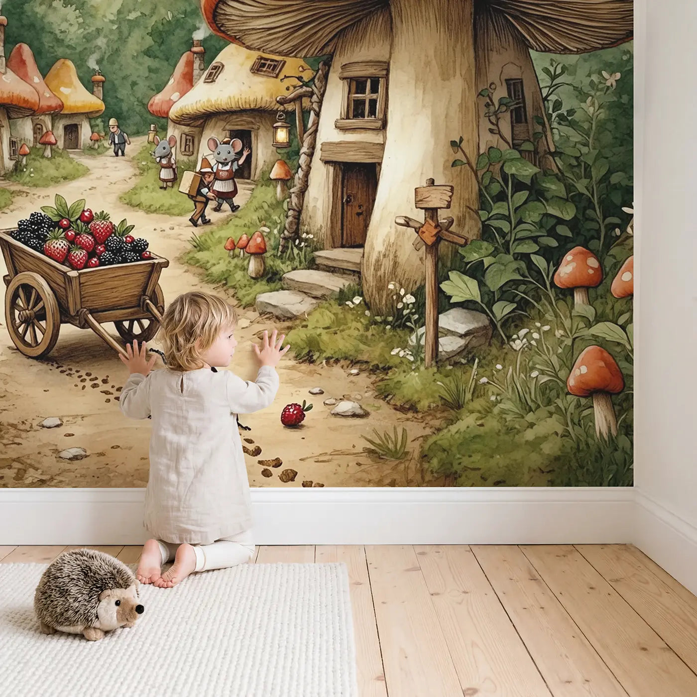 Child in nursery with Beetle Berry Cart Mushroom Village Wallpaper Mural by Whimsy Tots