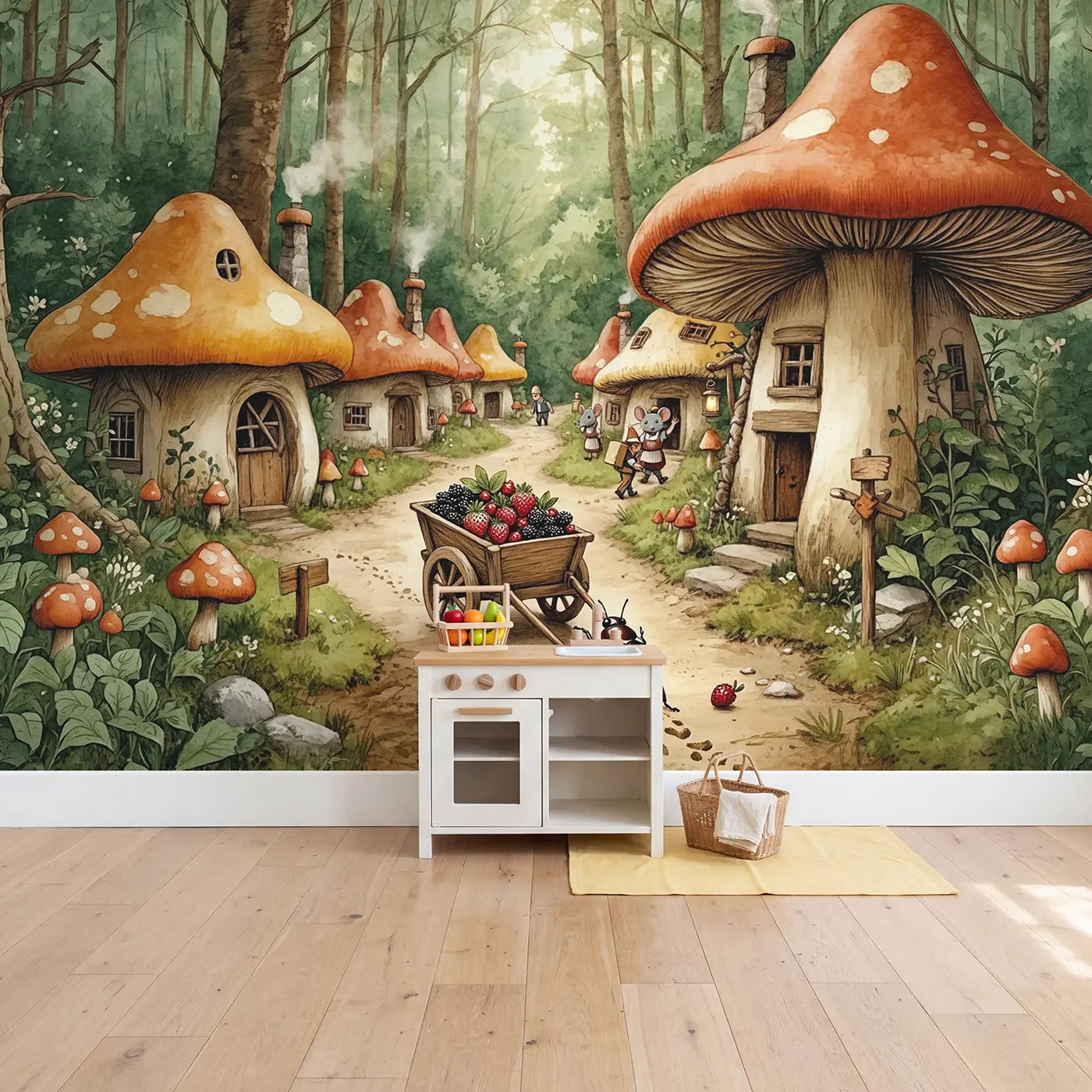 Beetle Berry Cart Mushroom Village Wallpaper Mural in playroom setting by Whimsy Tots
