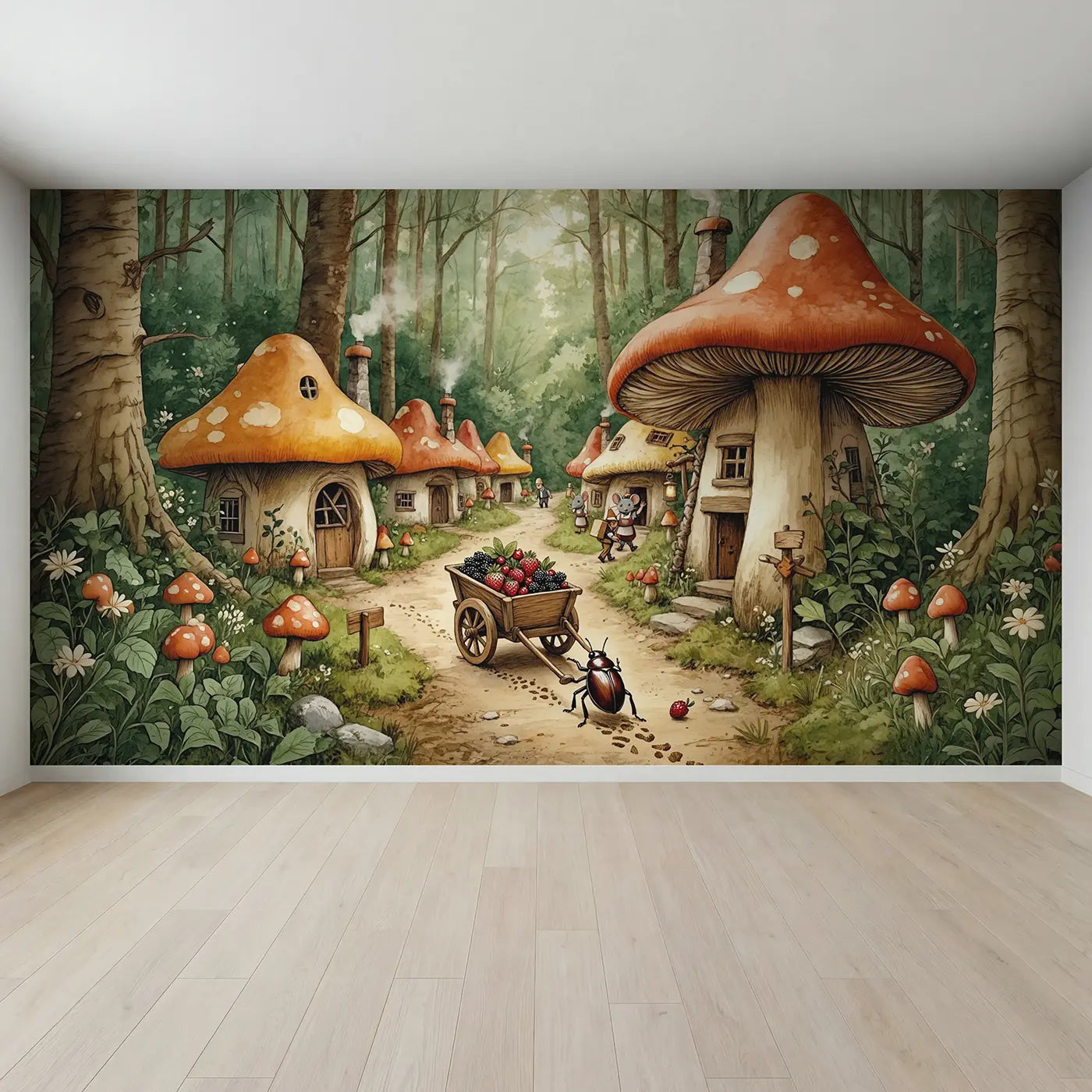 Full view of Beetle Berry Cart Mushroom Village Wallpaper Mural by Whimsy Tots