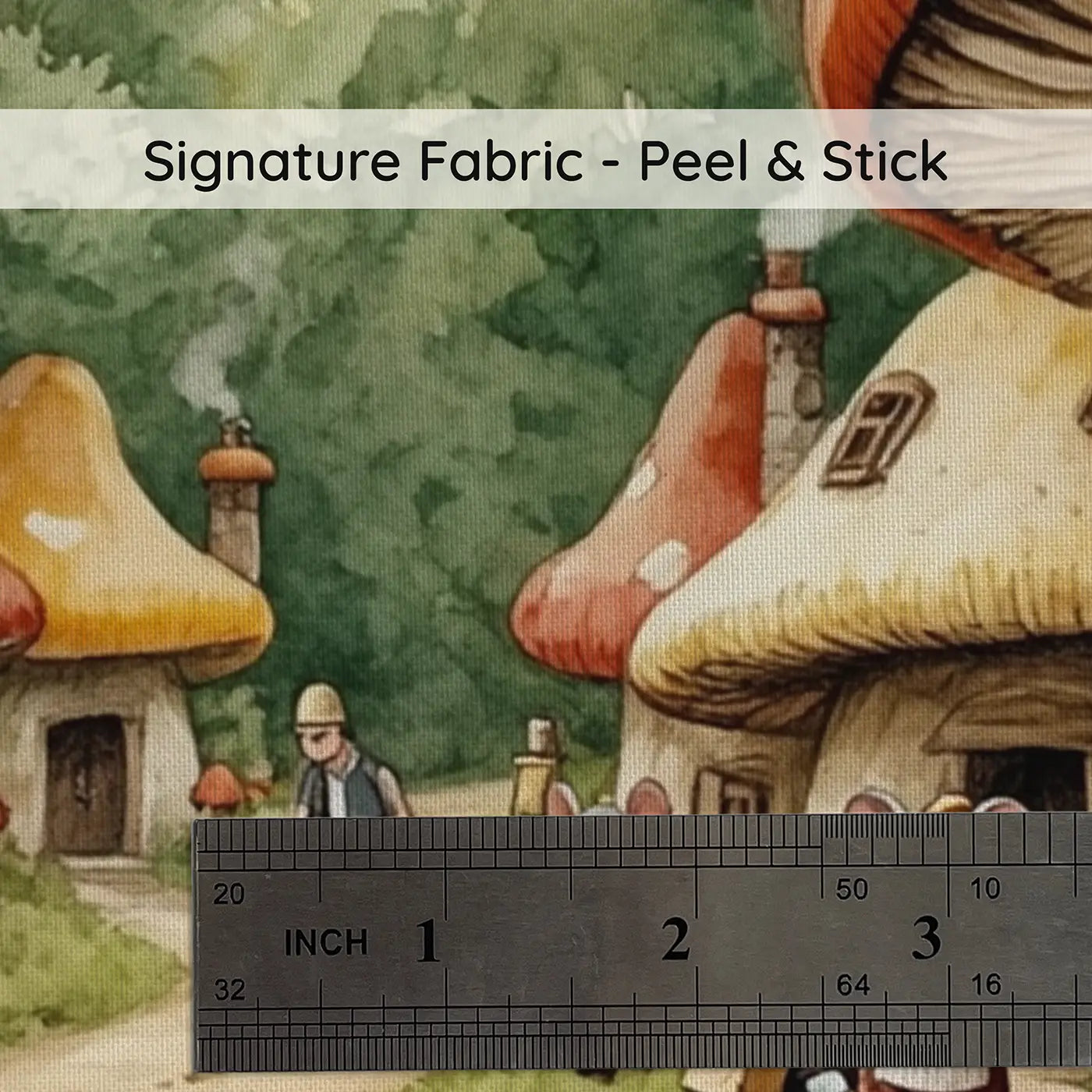 Fabric texture close-up of Beetle Berry Cart Mushroom Village Wallpaper Mural by Whimsy Tots