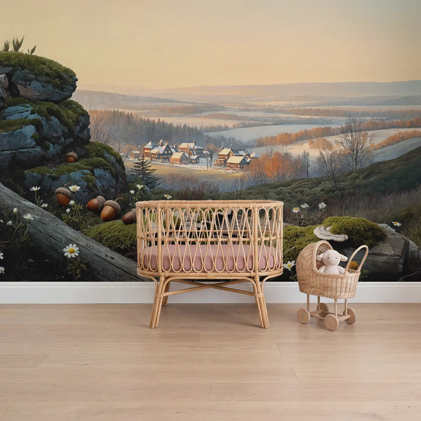 Soft pastel mushroom village winter frost wallpaper mural for girls room by Whimsy Tots