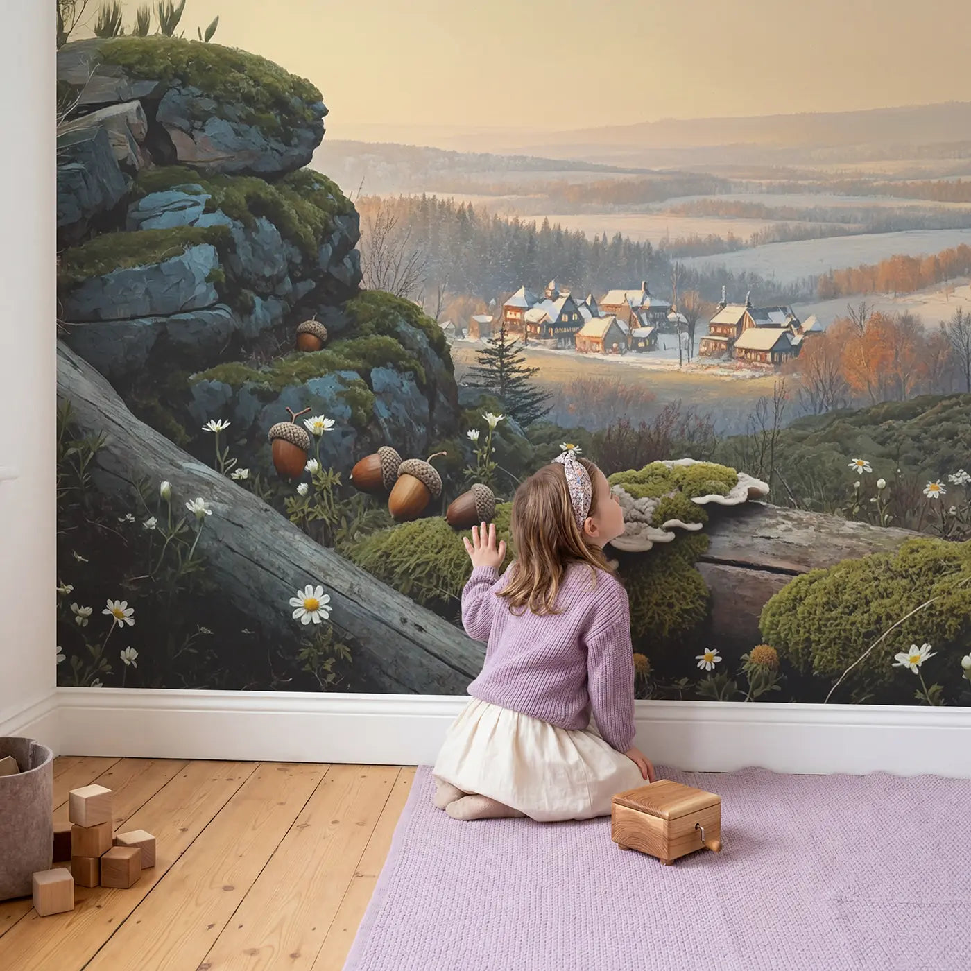 Child in nursery with Mushroom Village Winter Frost Wallpaper Mural by Whimsy Tots