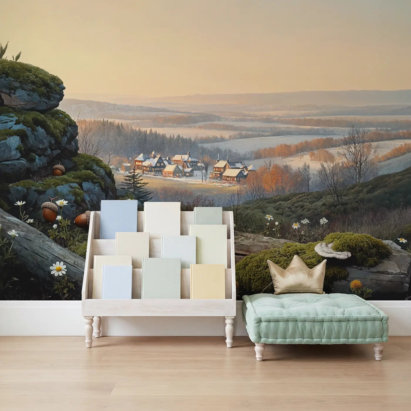 Mushroom Village Winter Frost Wallpaper Mural in playroom setting by Whimsy Tots