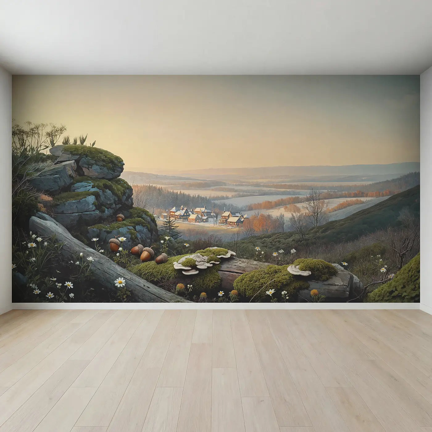 Full view of Mushroom Village Winter Frost Wallpaper Mural by Whimsy Tots