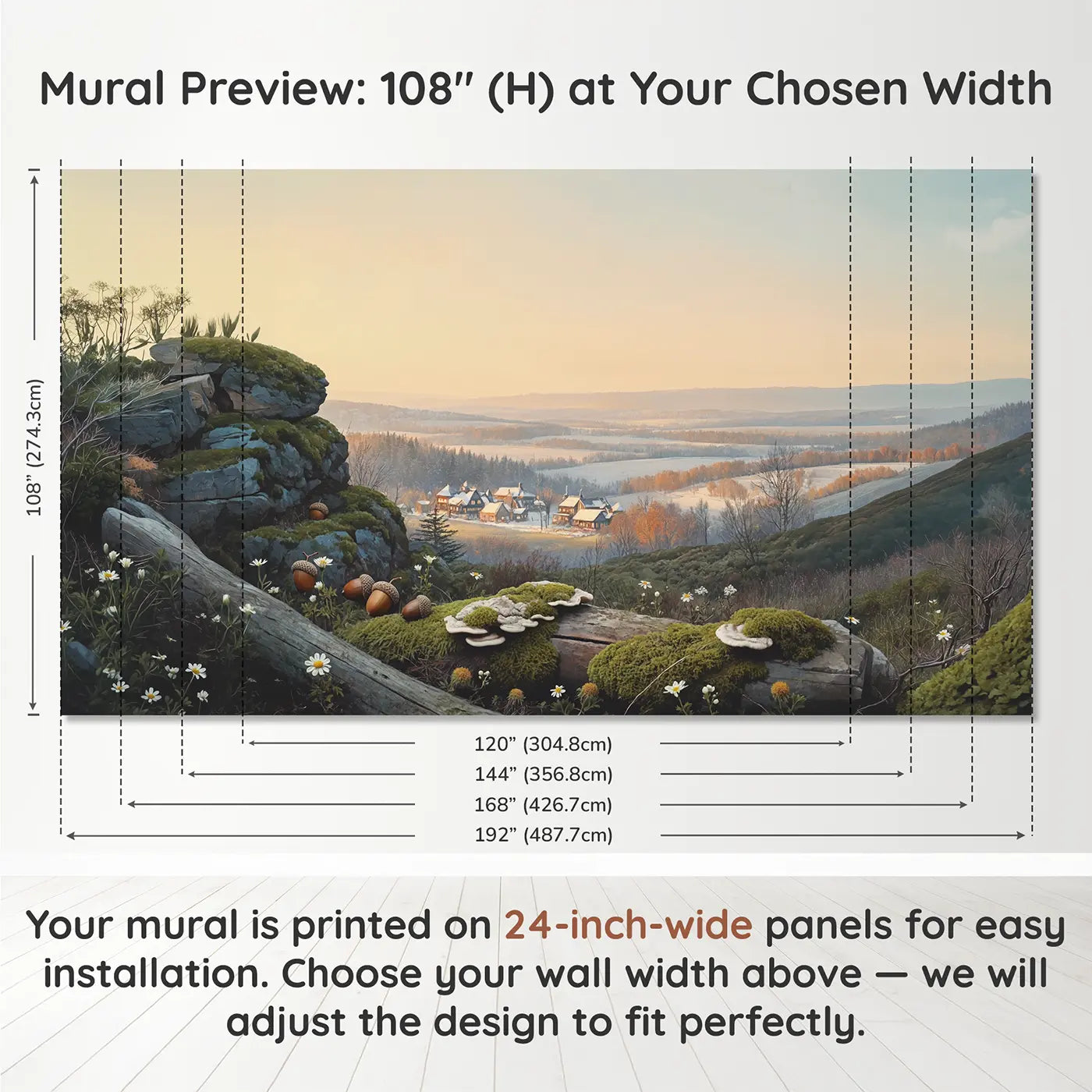 Panel layout and dimensions for Mushroom Village Winter Frost Wallpaper Mural by Whimsy Tots