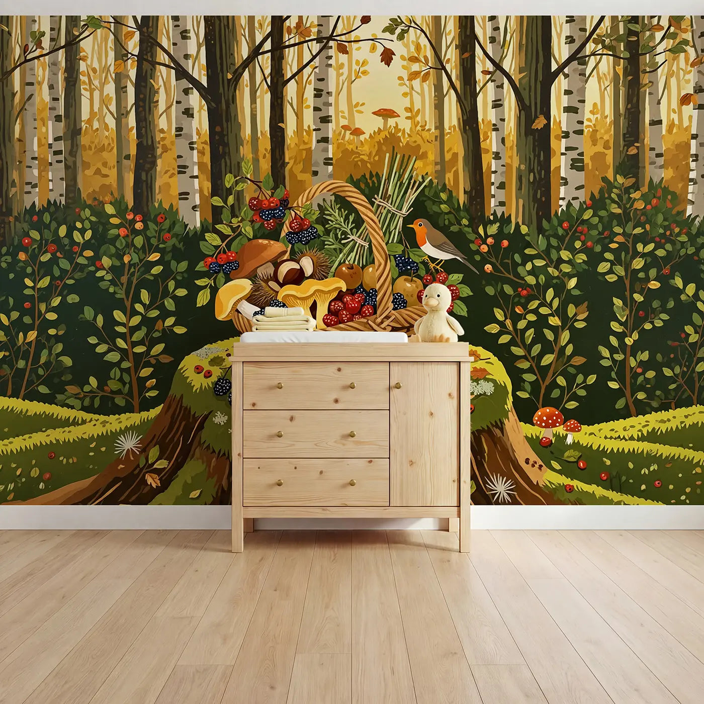 modern illustration woodland harvest basket mural for playroom by Whimsy Tots