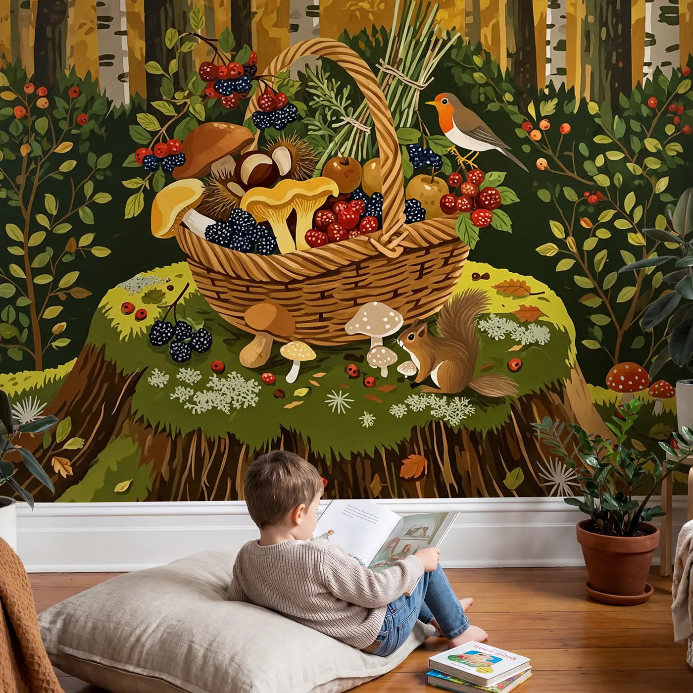 Child in nursery with Woodland Harvest Basket Stump Wallpaper Mural by Whimsy Tots