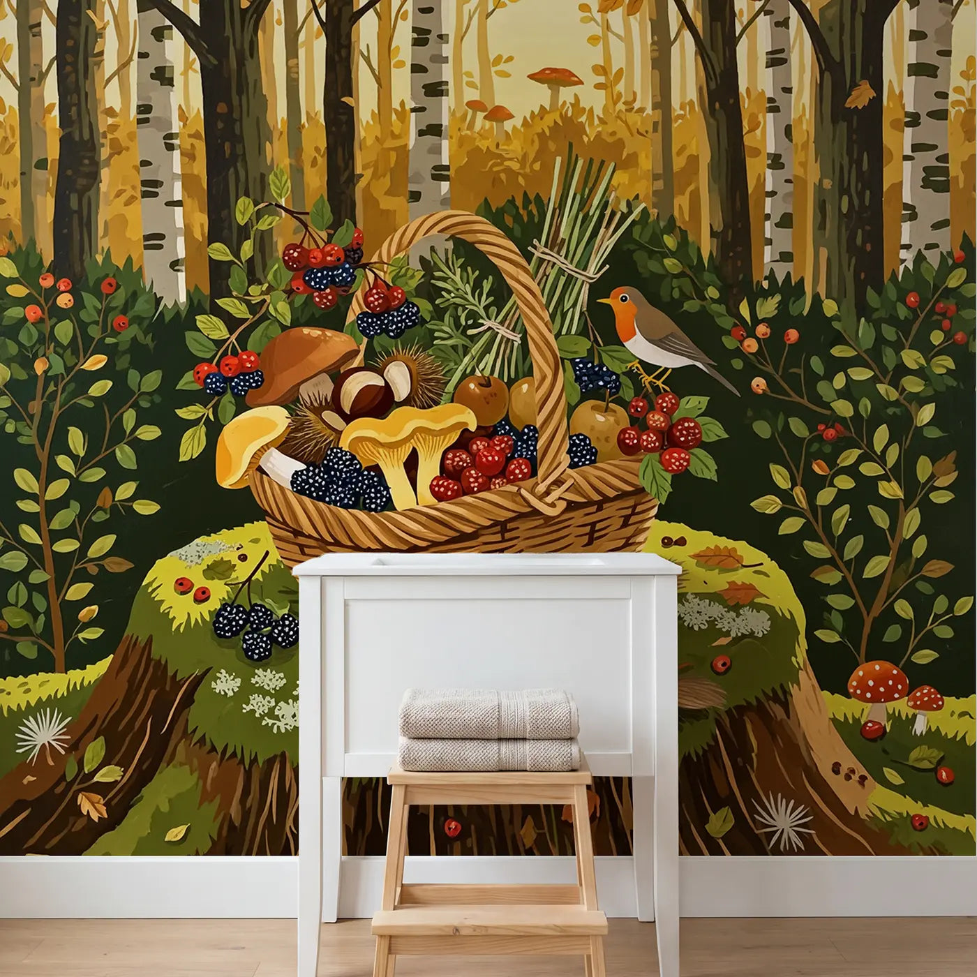 Woodland Harvest Basket Stump Wallpaper Mural in playroom setting by Whimsy Tots