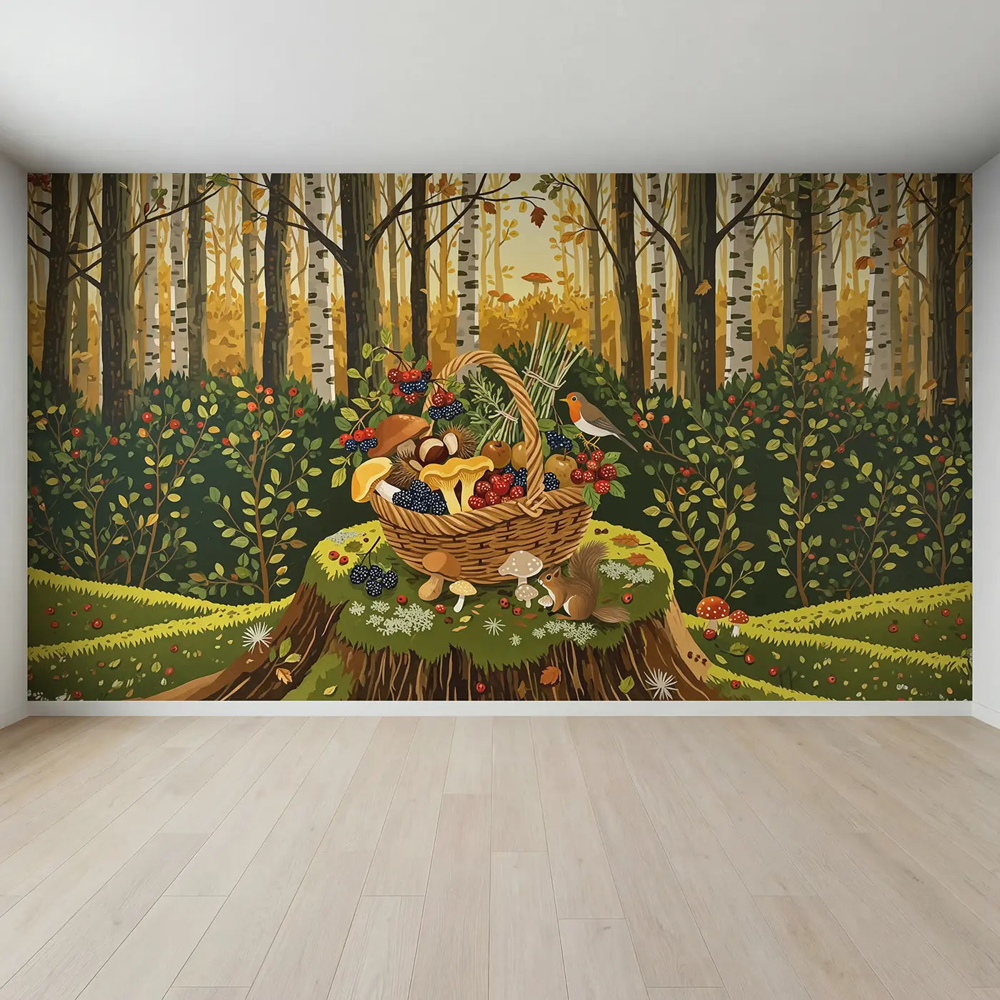 Full view of Woodland Harvest Basket Stump Wallpaper Mural by Whimsy Tots