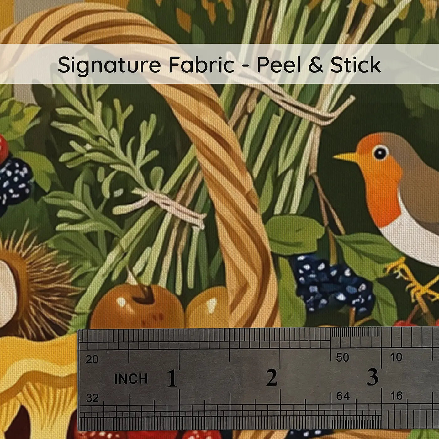 Fabric texture close-up of Woodland Harvest Basket Stump Wallpaper Mural by Whimsy Tots