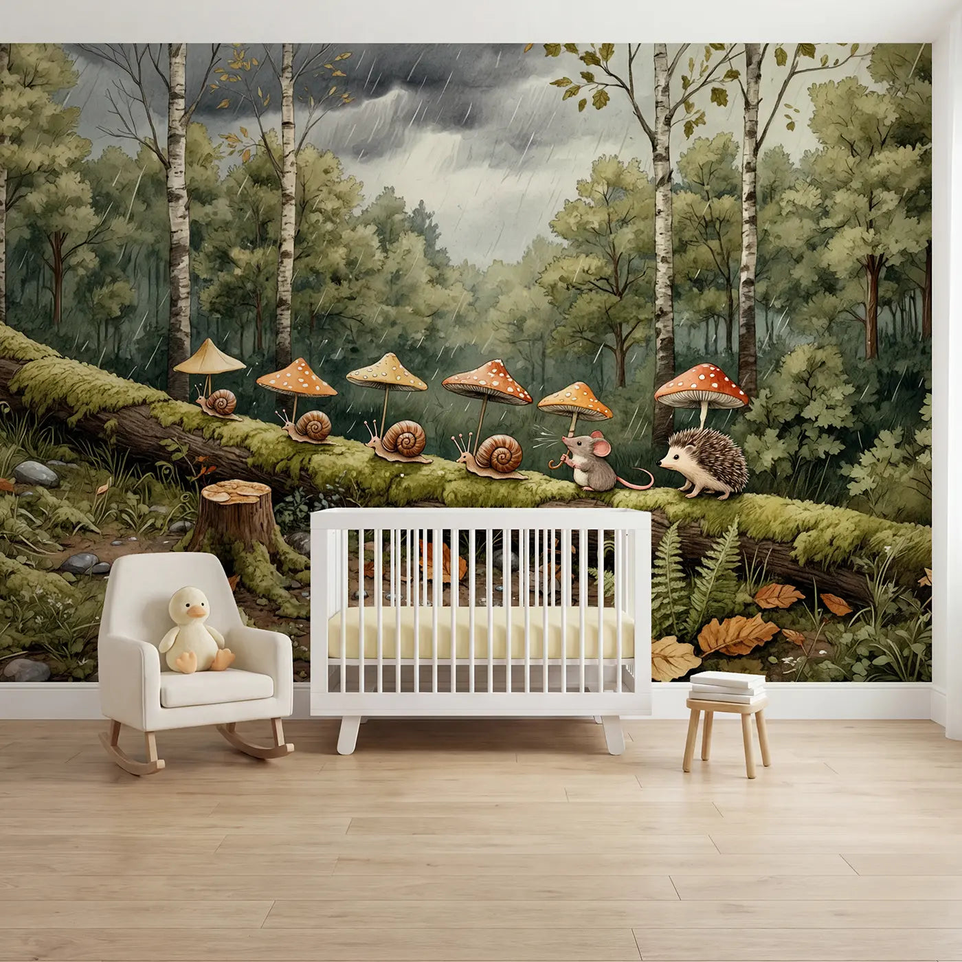 Storybook snail mushroom rain forest wallpaper mural for nursery by Whimsy Tots