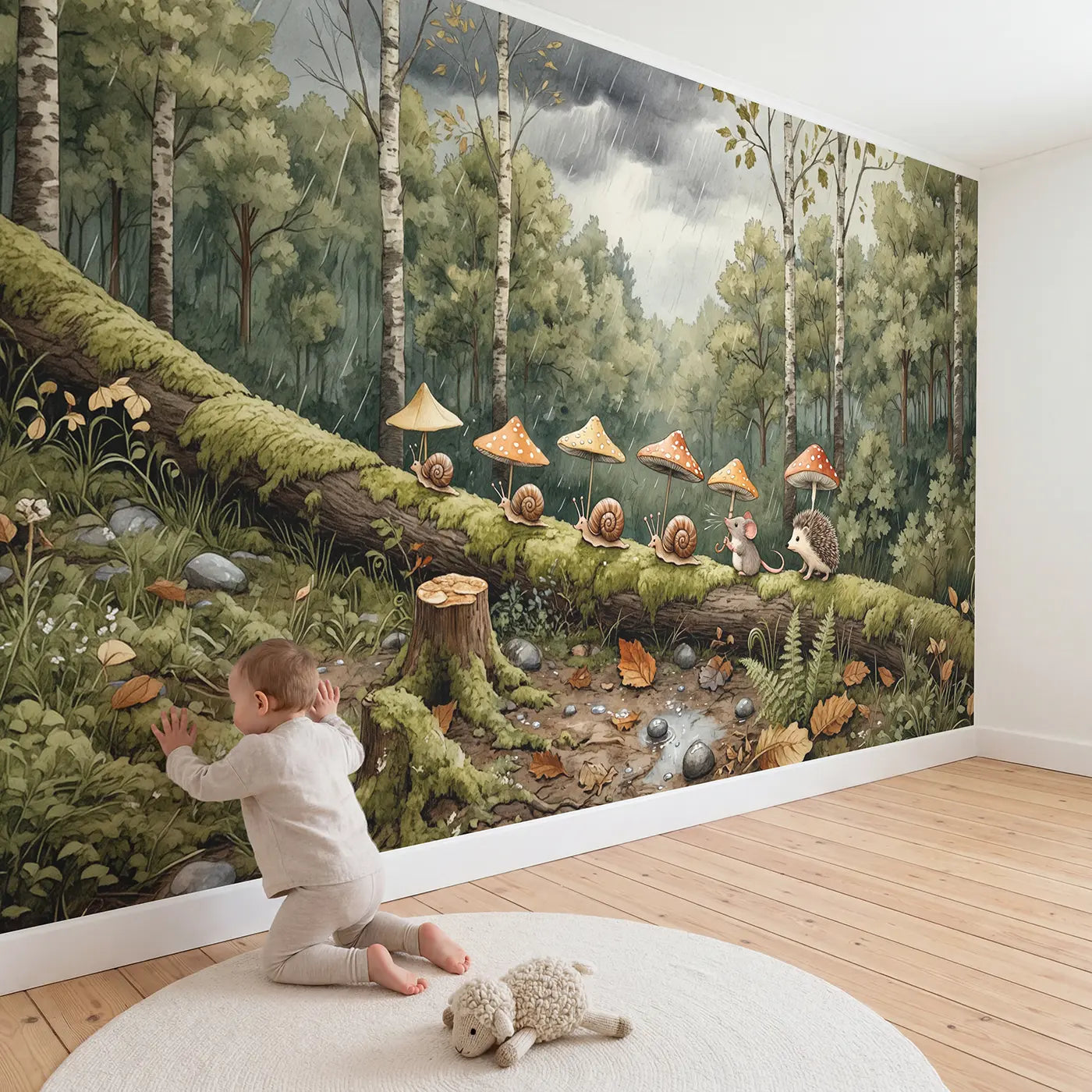 Child in nursery with Snail Rain Shield Delivery Wallpaper Mural by Whimsy Tots