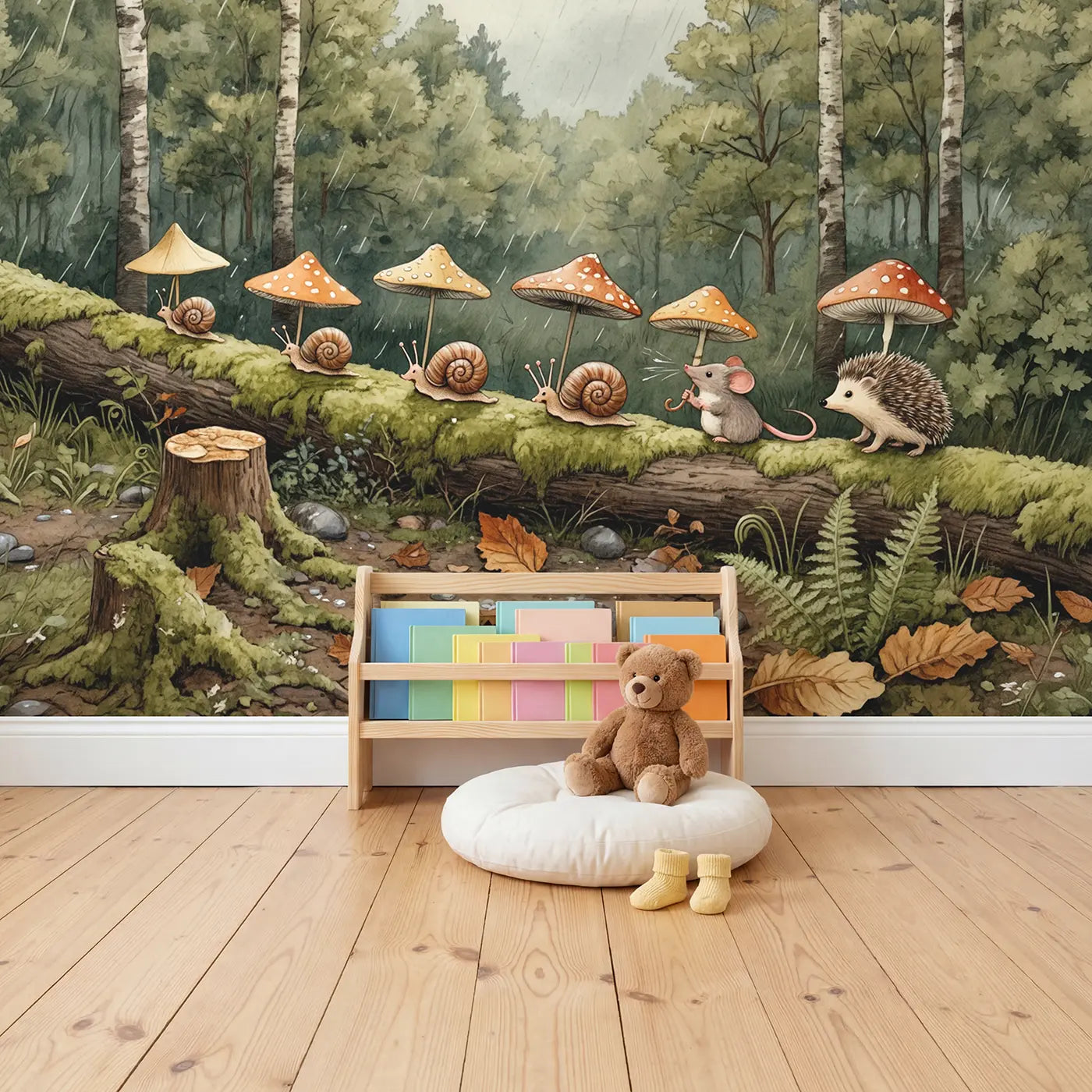 Snail Rain Shield Delivery Wallpaper Mural in playroom setting by Whimsy Tots