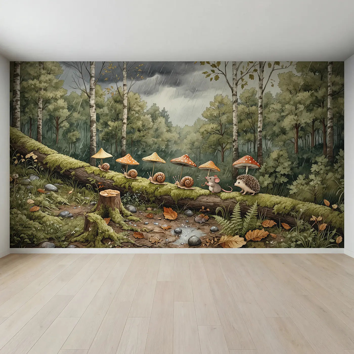 Full view of Snail Rain Shield Delivery Wallpaper Mural by Whimsy Tots
