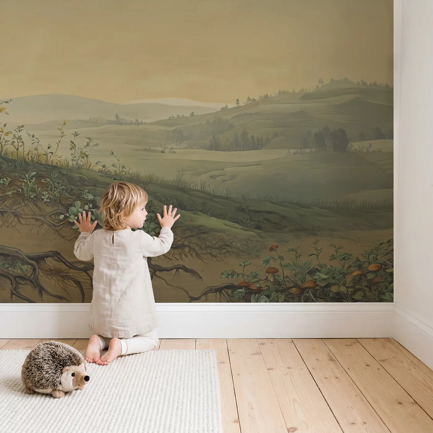 Child in nursery with Forest Floor Crosssection Showing Wallpaper Mural by Whimsy Tots