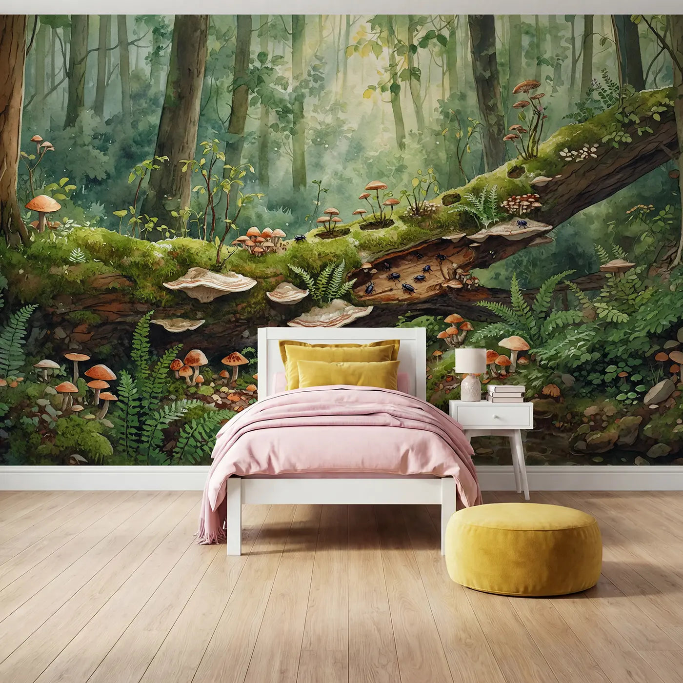 Watercolor mossy fallen tree ecosystem wallpaper mural for girls room by Whimsy Tots