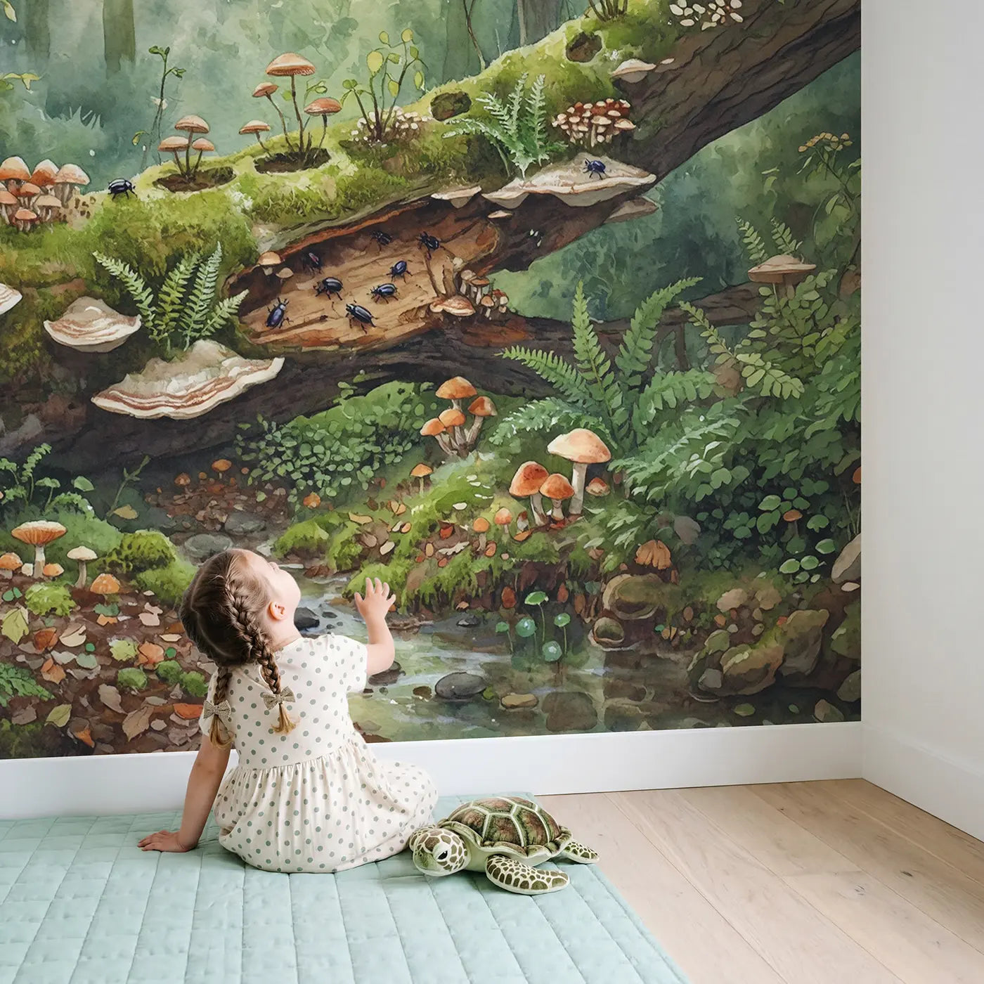 Child in nursery with Mossy Fallen Tree Ecosystem Wallpaper Mural by Whimsy Tots