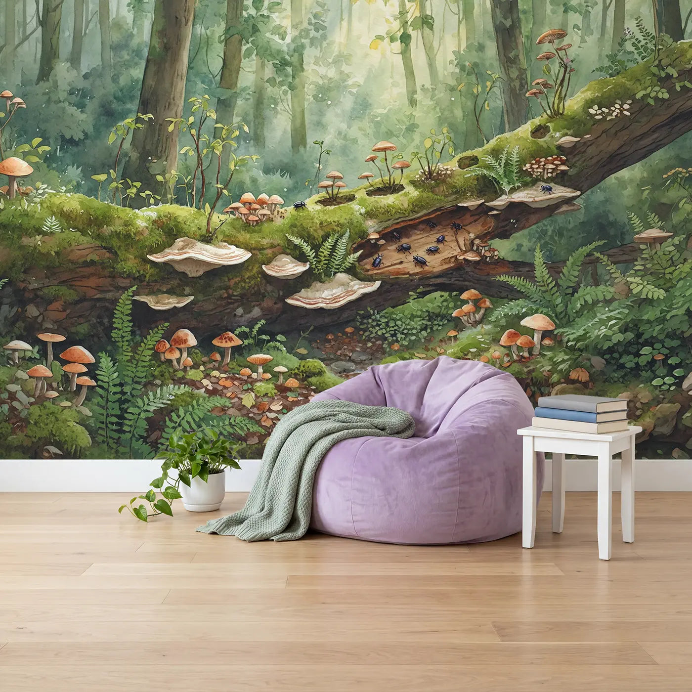 Mossy Fallen Tree Ecosystem Wallpaper Mural in playroom setting by Whimsy Tots