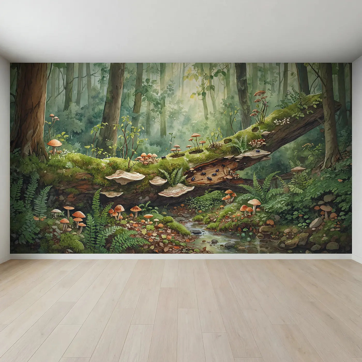 Full view of Mossy Fallen Tree Ecosystem Wallpaper Mural by Whimsy Tots