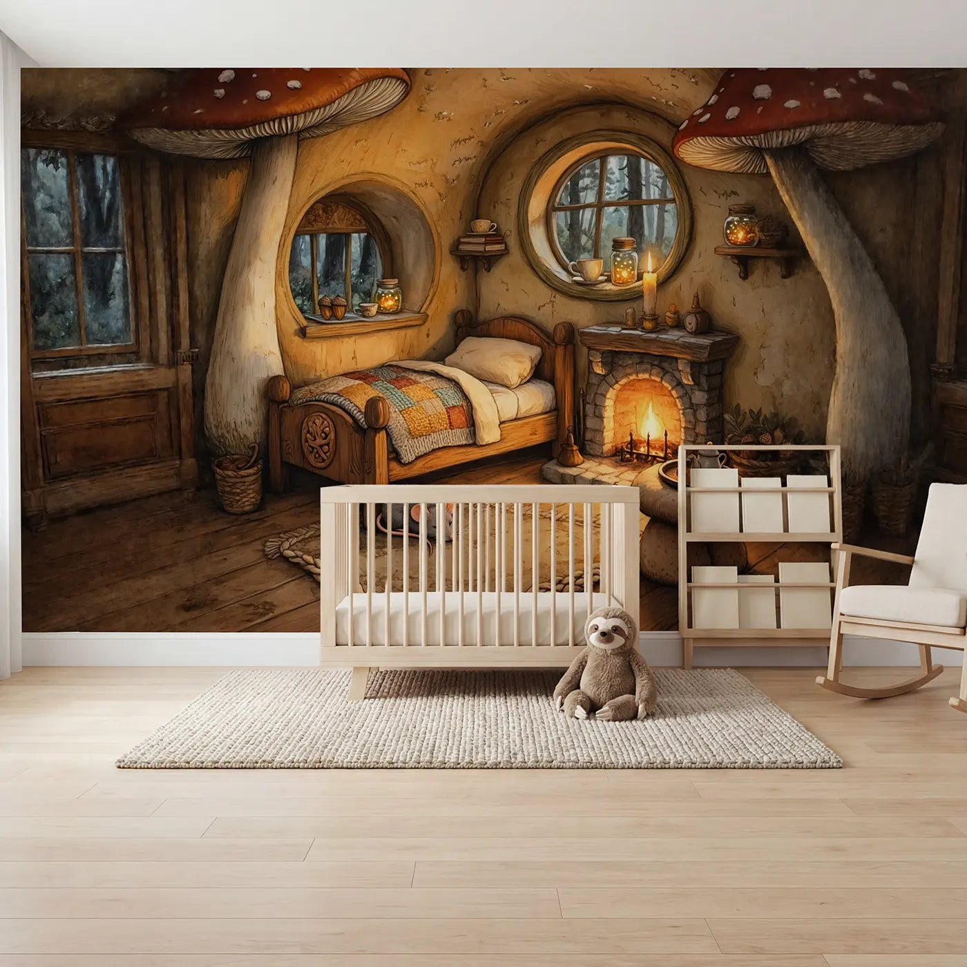 Storybook mushroom cottage twilight wallpaper mural for nursery by Whimsy Tots