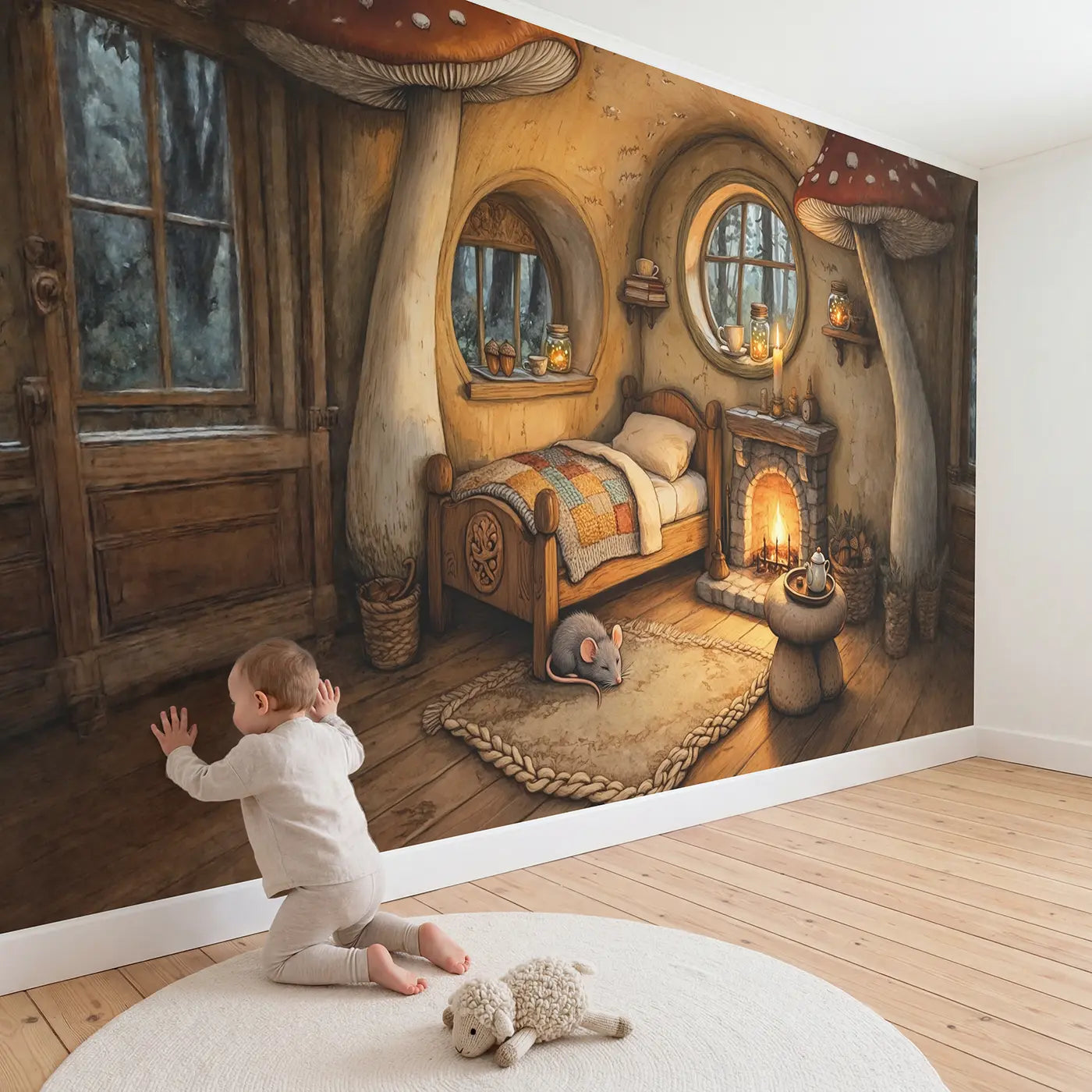 Child in nursery with Cozy Mushroom Cottage Wallpaper Mural by Whimsy Tots