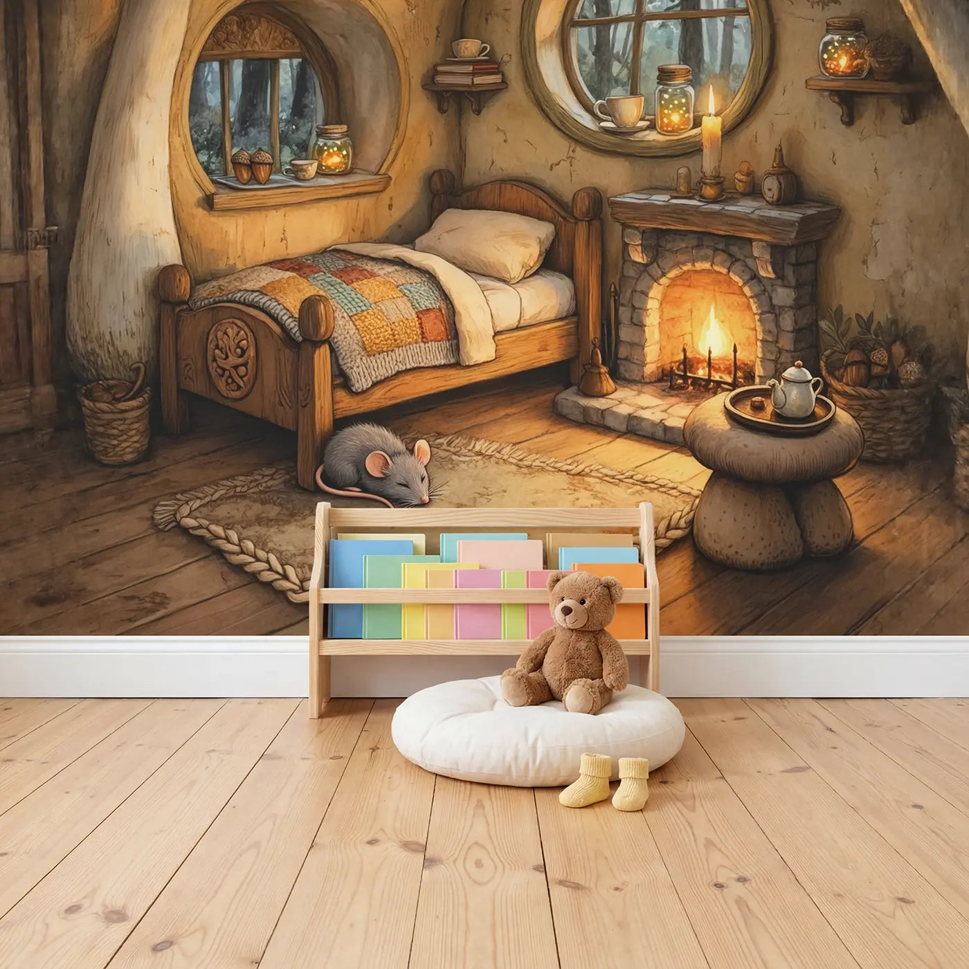 Cozy Mushroom Cottage Wallpaper Mural in playroom setting by Whimsy Tots