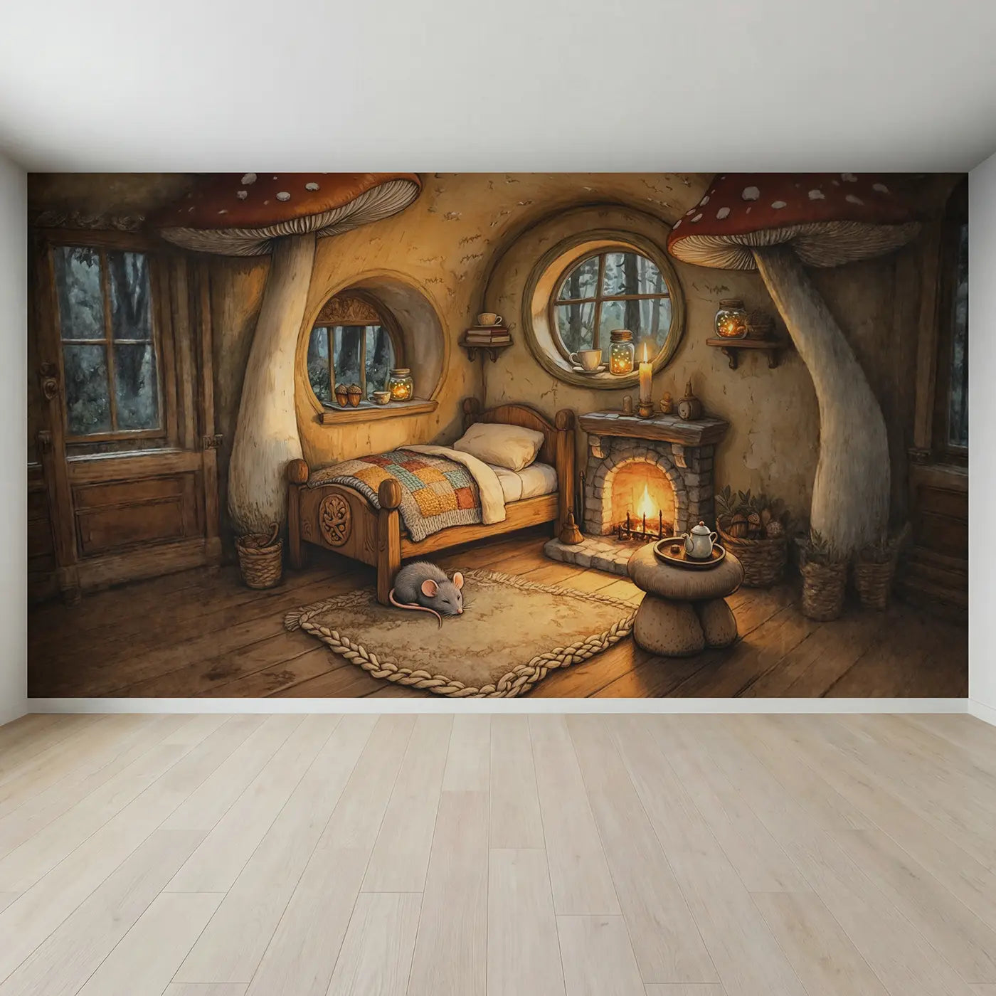 Full view of Cozy Mushroom Cottage Wallpaper Mural by Whimsy Tots