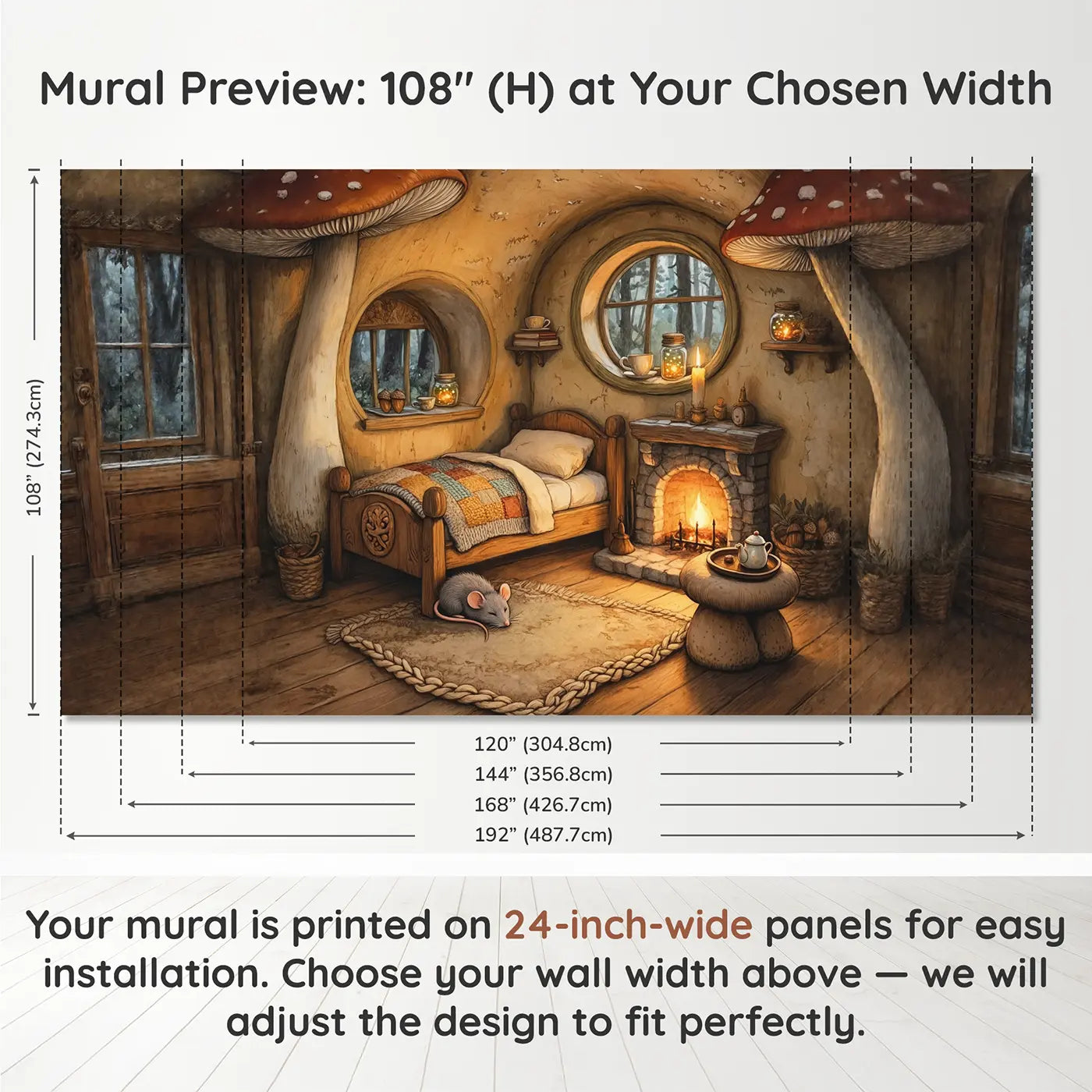 Panel layout and dimensions for Cozy Mushroom Cottage Wallpaper Mural by Whimsy Tots