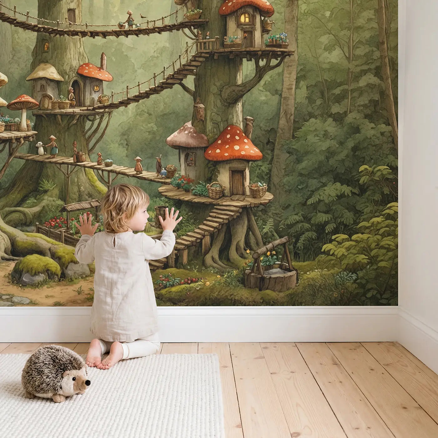 Child in nursery with Mushroom Village Oak Tree Wallpaper Mural by Whimsy Tots