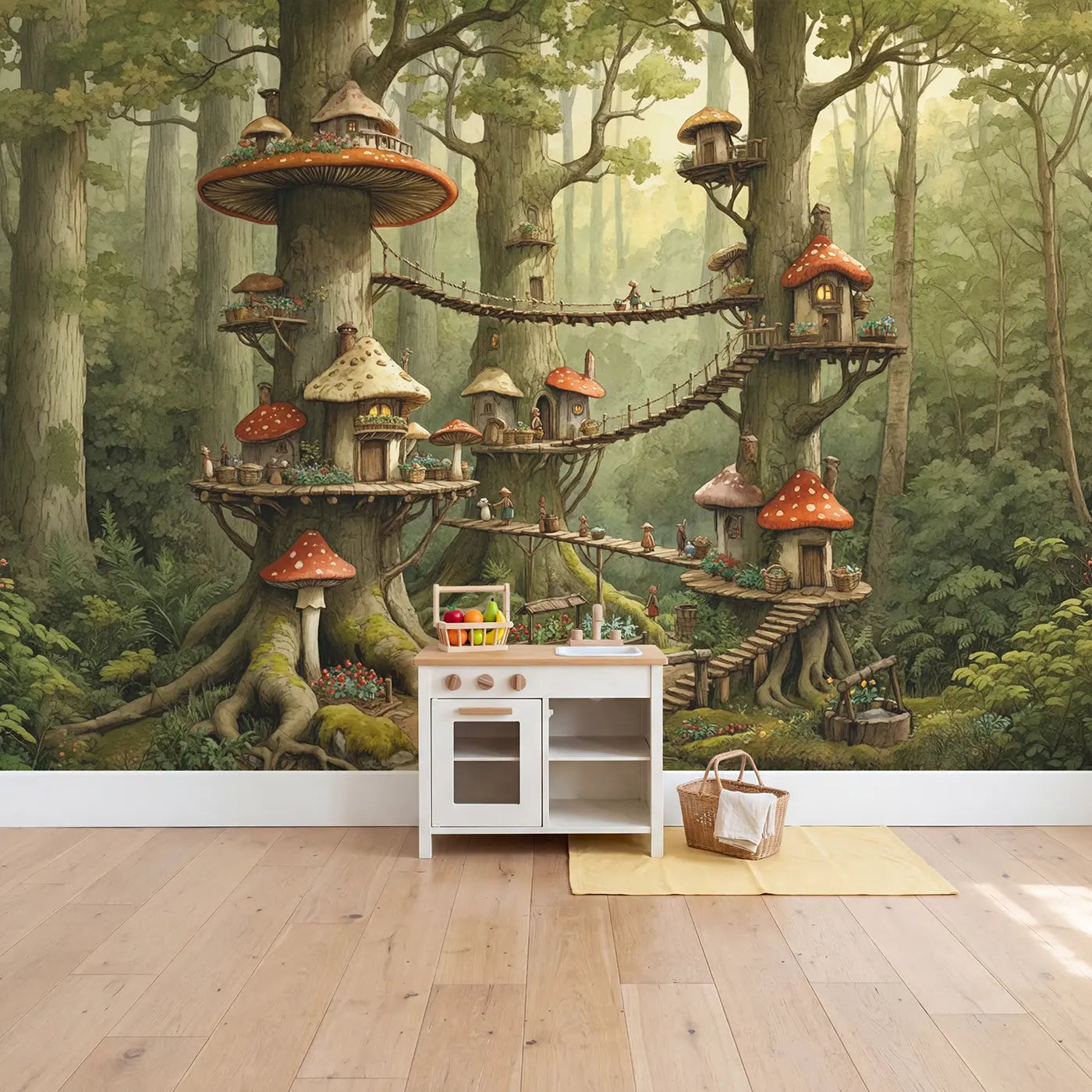 Mushroom Village Oak Tree Wallpaper Mural in playroom setting by Whimsy Tots