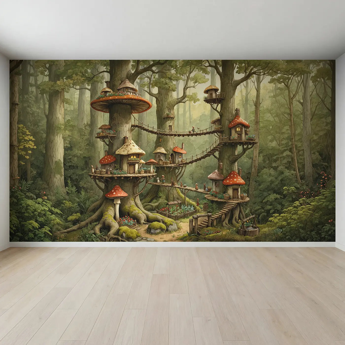 Full view of Mushroom Village Oak Tree Wallpaper Mural by Whimsy Tots