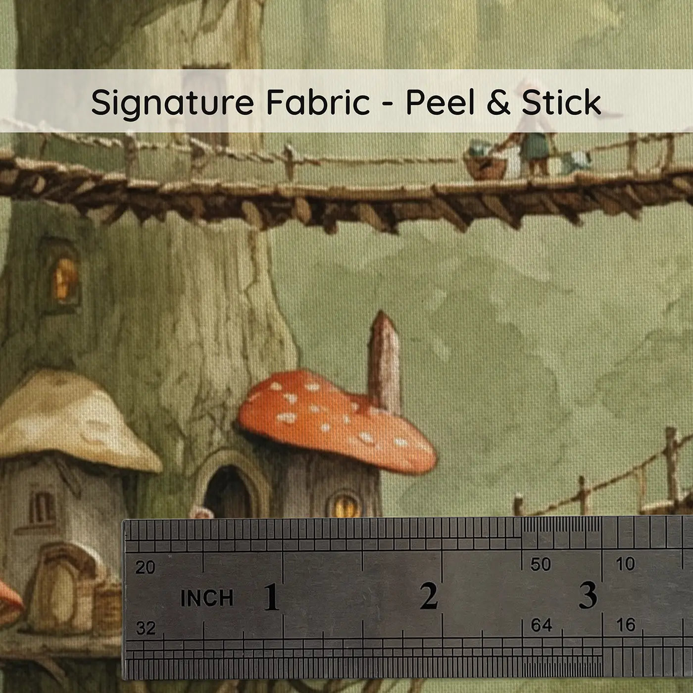 Fabric texture close-up of Mushroom Village Oak Tree Wallpaper Mural by Whimsy Tots