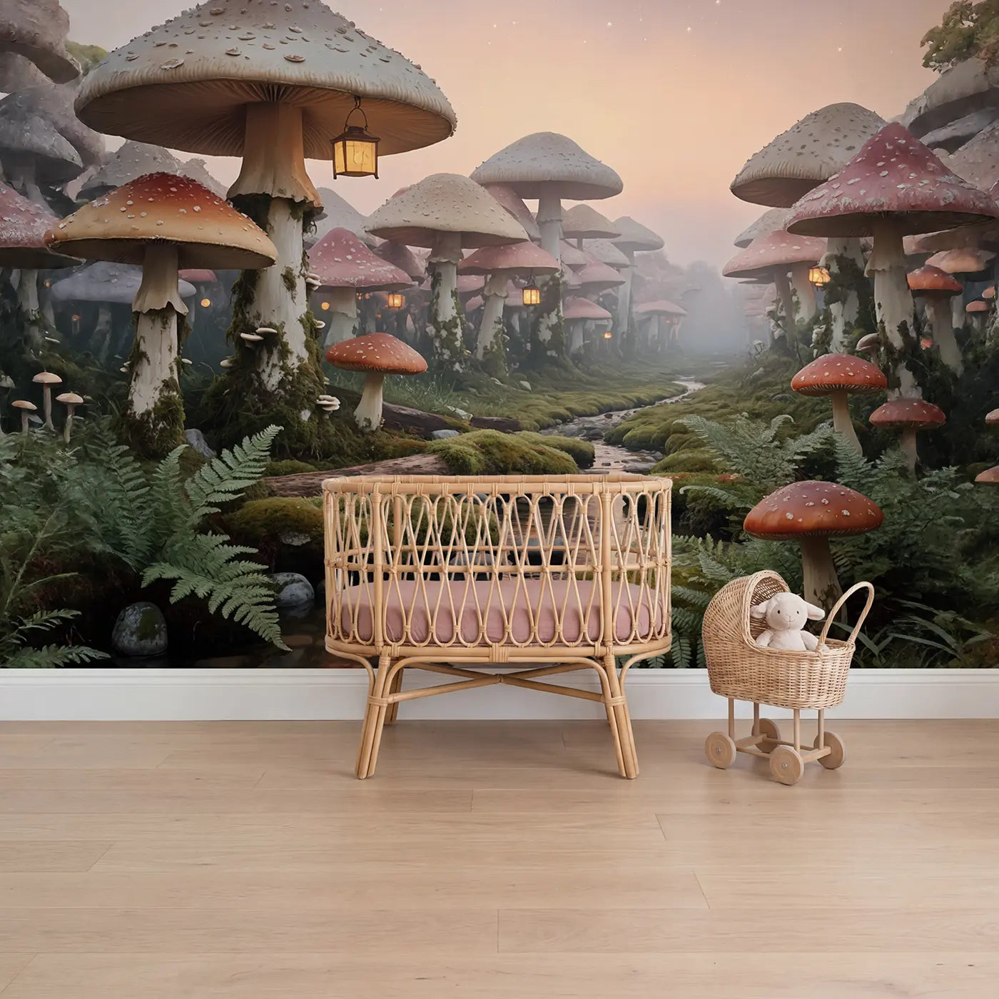 Soft pastel mushroom grove twilight wallpaper mural for girls room by Whimsy Tots