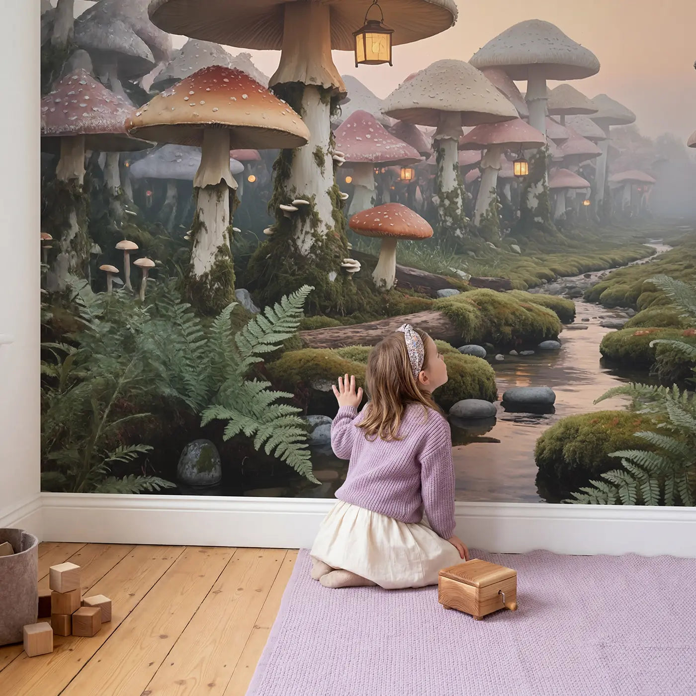 Child in nursery with Twilight Mushroom Grove Wallpaper Mural by Whimsy Tots
